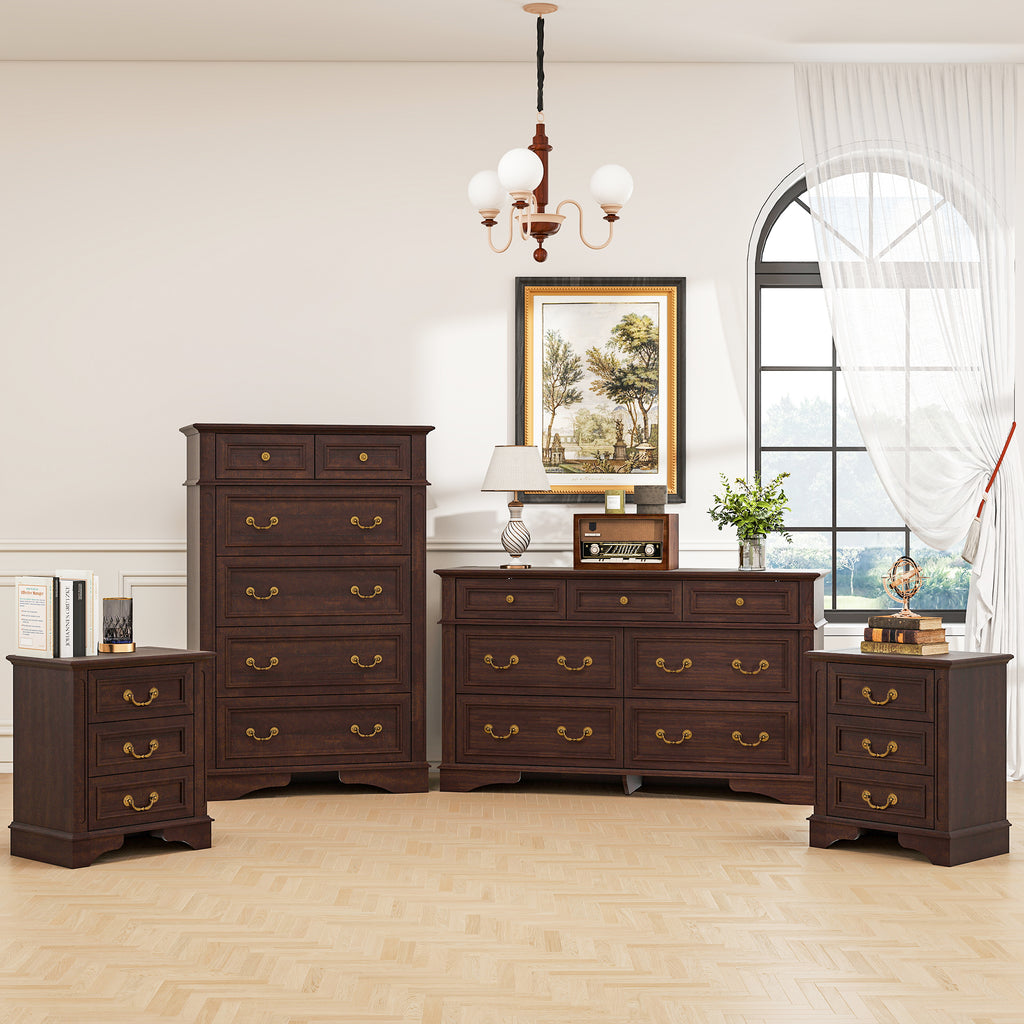 FIAKOA Bedroom Dresser Set & Nightstands set, Farmhouse Complete Bedroom Furniture Set with Spacious Storage, 4 Piece, Walnut Brown