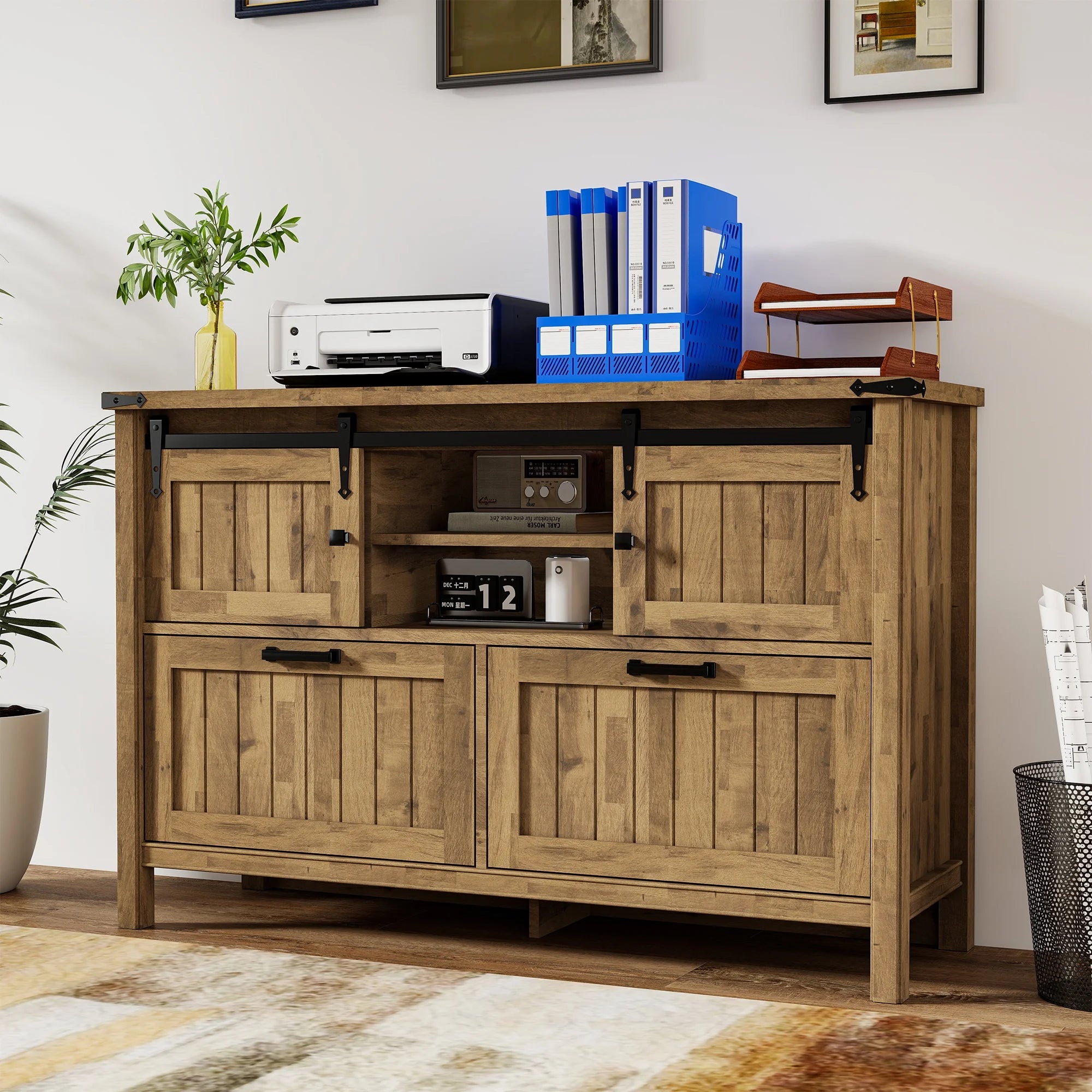 FIAKOA Farmhouse 2-Drawer Lateral File Cabinet, Filing Cabinet with Sliding Doors & Charge Station, Printer Stand Cabinets for Home Office, Brown