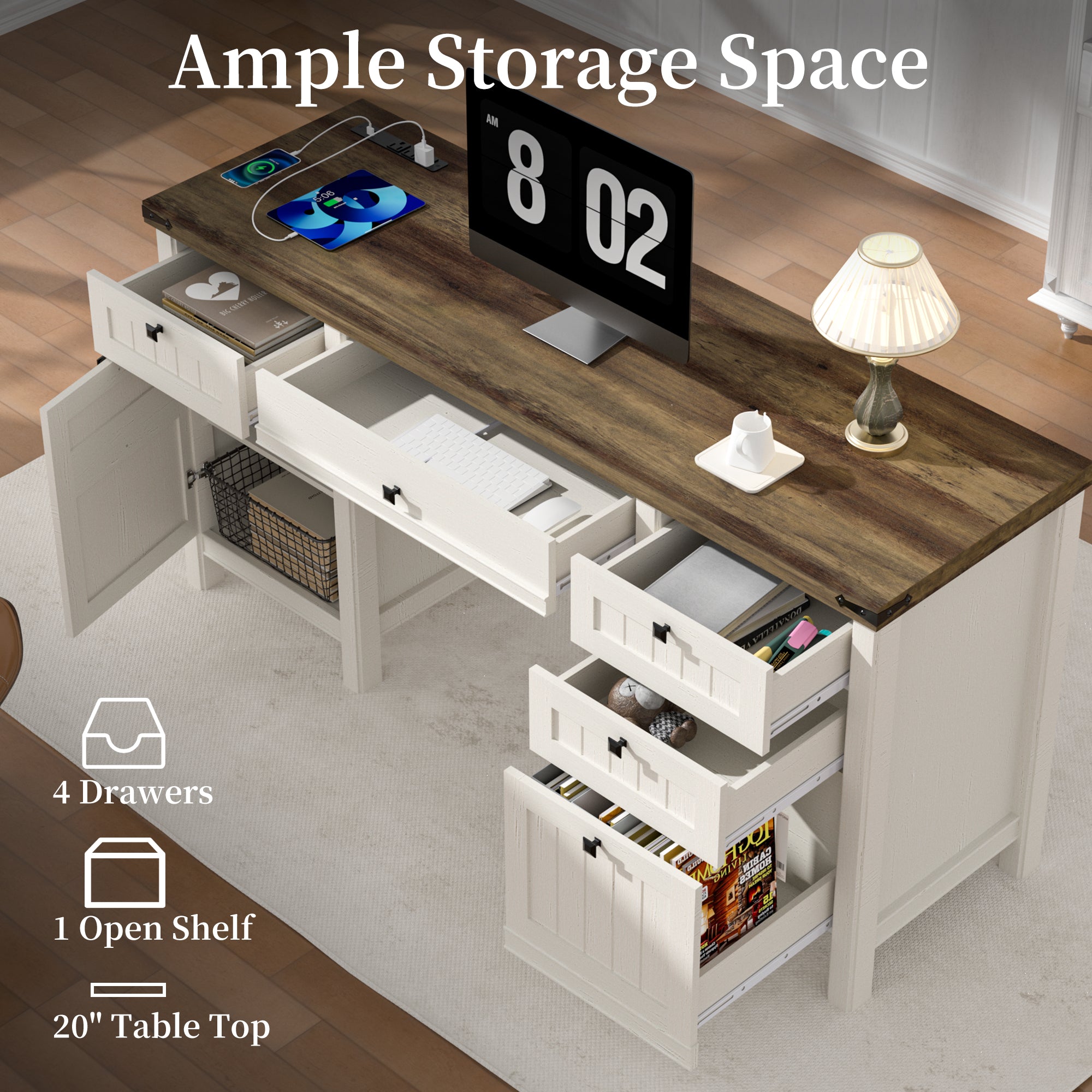 FIAKOA 62"Executive Desk, Modern Farmhouse Computer Desk with Drawers & Cabinet, White Home Office Writing Workspace Desk for Work Study
