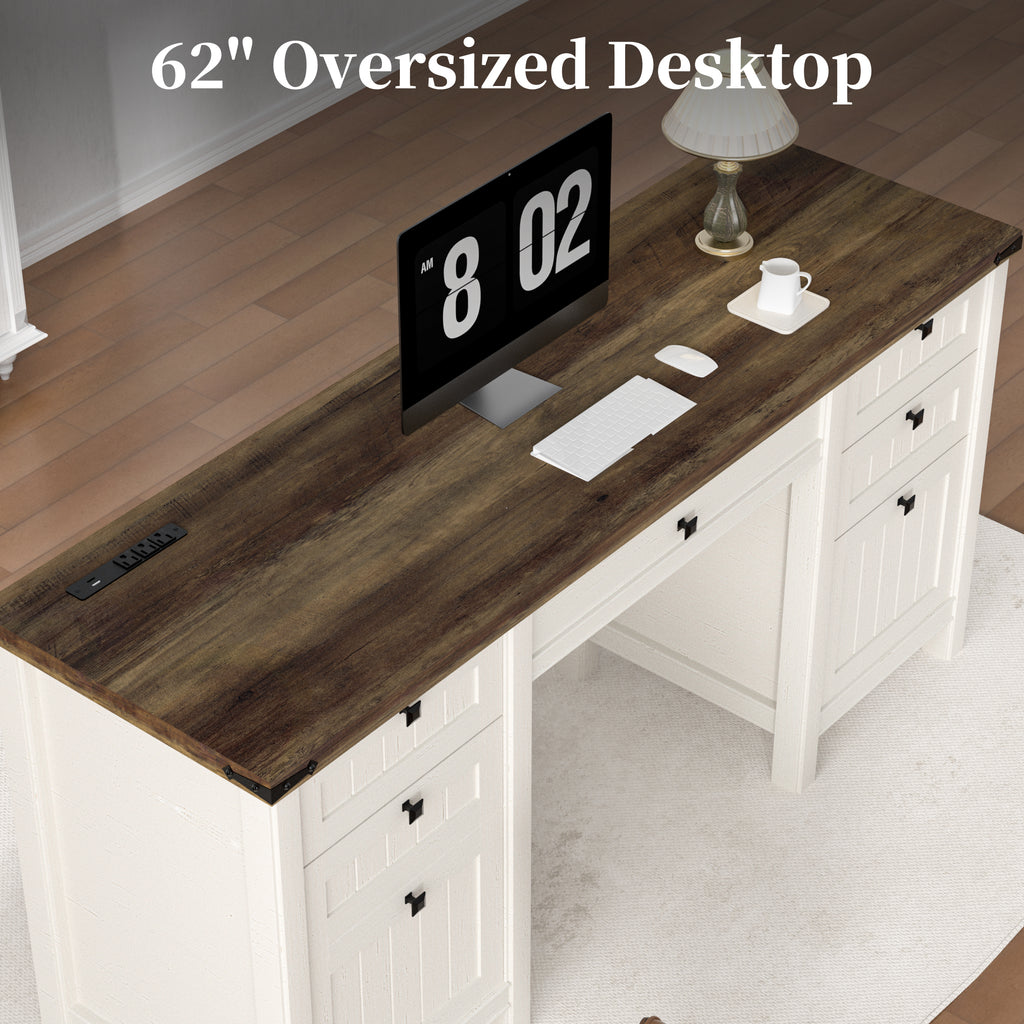 FIAKOA 62"Executive Desk, Modern Farmhouse Computer Desk with Drawers & Cabinet, White Home Office Writing Workspace Desk for Work Study