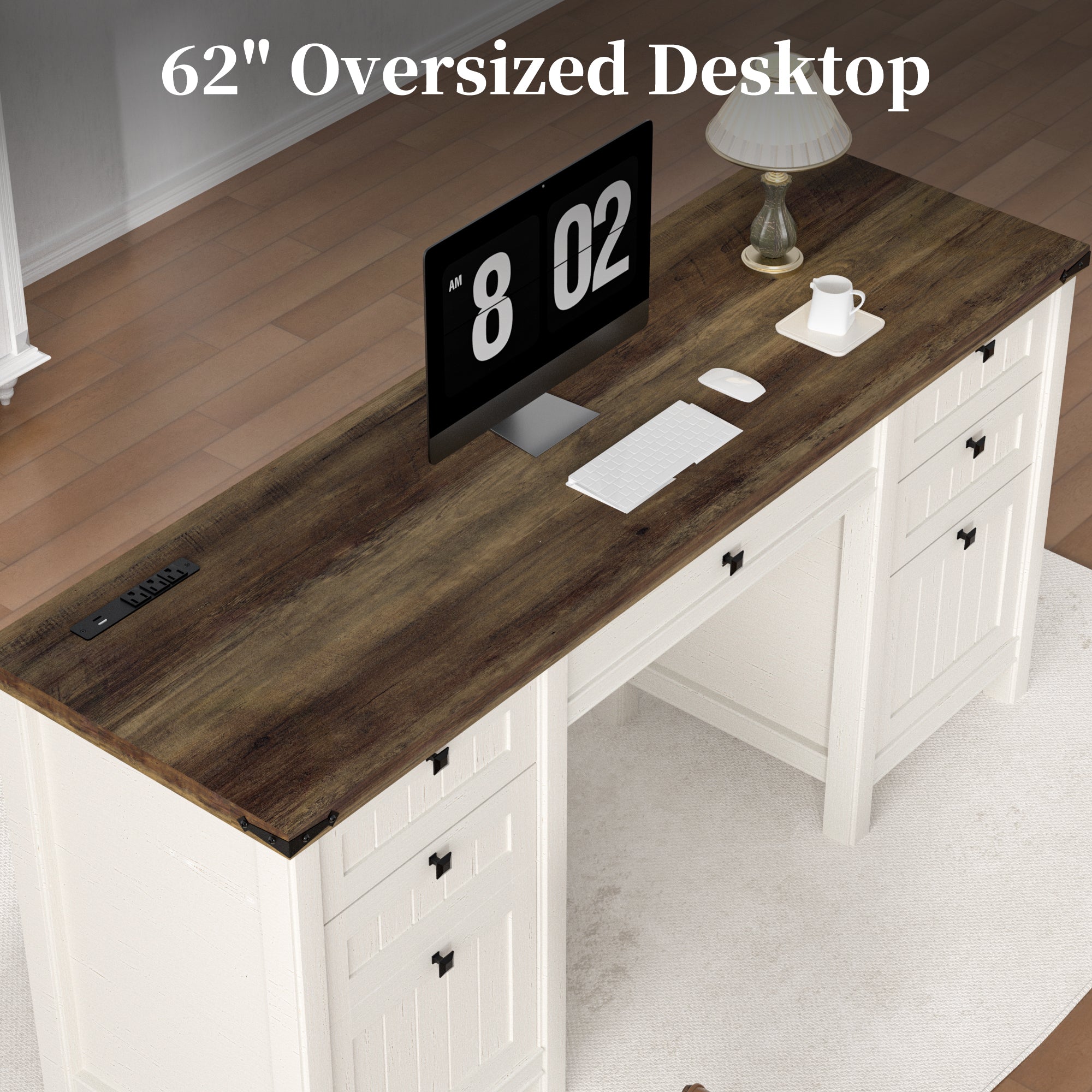 FIAKOA 62"Executive Desk, Modern Farmhouse Computer Desk with Drawers & Cabinet, White Home Office Writing Workspace Desk for Work Study