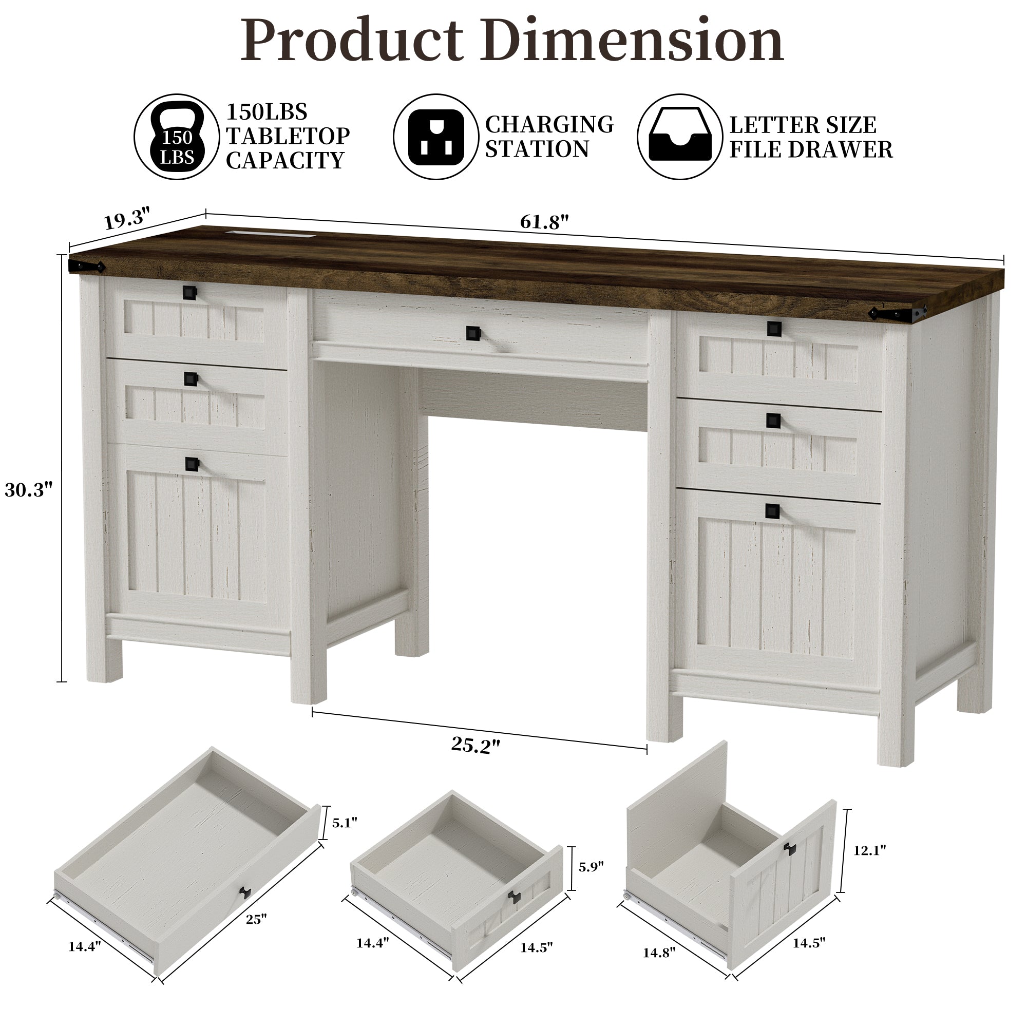FIAKOA 62"Executive Desk, Modern Farmhouse Computer Desk with Drawers & Cabinet, White Home Office Writing Workspace Desk for Work Study