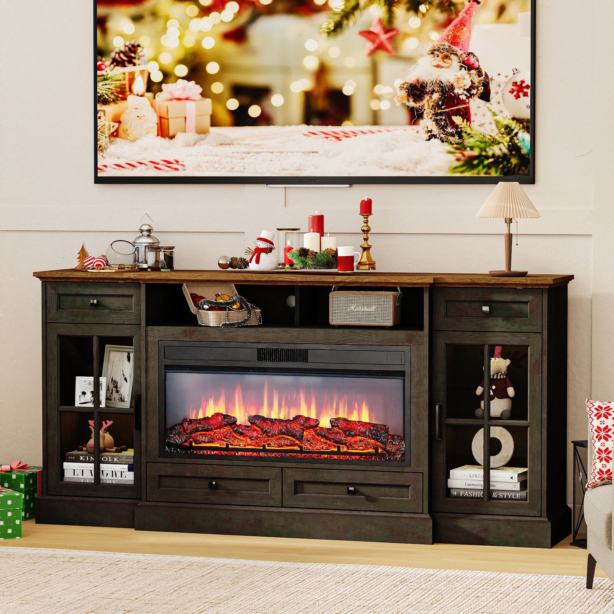 FIAKOA 70” electric Fireplace TV Stand for 75" TVs, Fireplace Entertainment Center with LED Lights,Wood TV Stand with 34" Fireplace for Living Room, Espresso