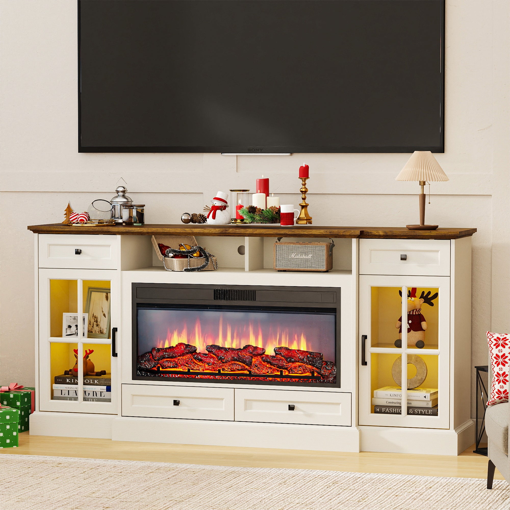 FIAKOA 70” electric Fireplace TV Stand for 75" TVs, Fireplace Entertainment Center with LED Lights,White TV Stand with 34" Fireplace for Living Room