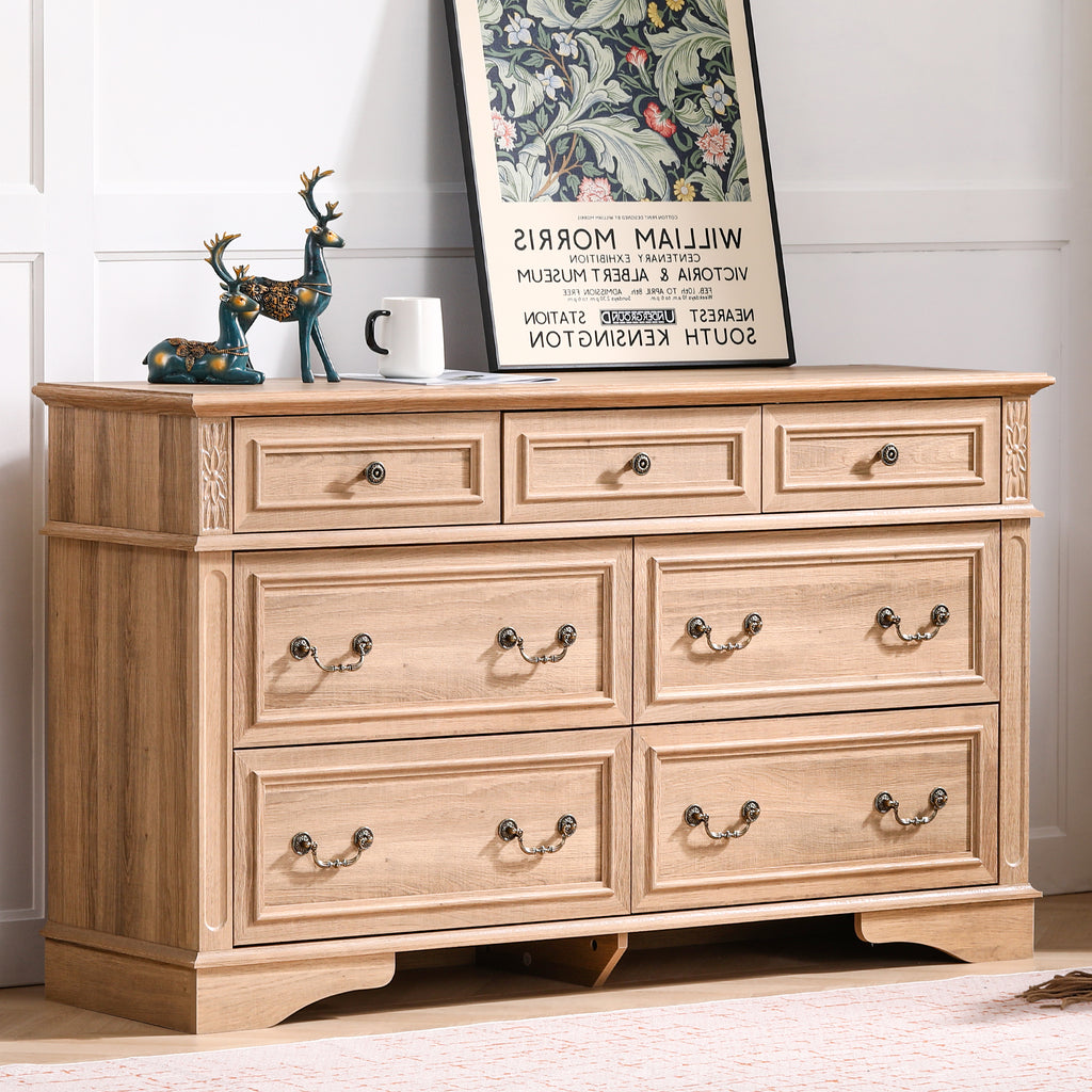 FIAKOA 7 Drawer Dresser for Bedroom, 55” W. Wood Farmhouse Tall Storage Chest of Drawers for Livingroom, Oak