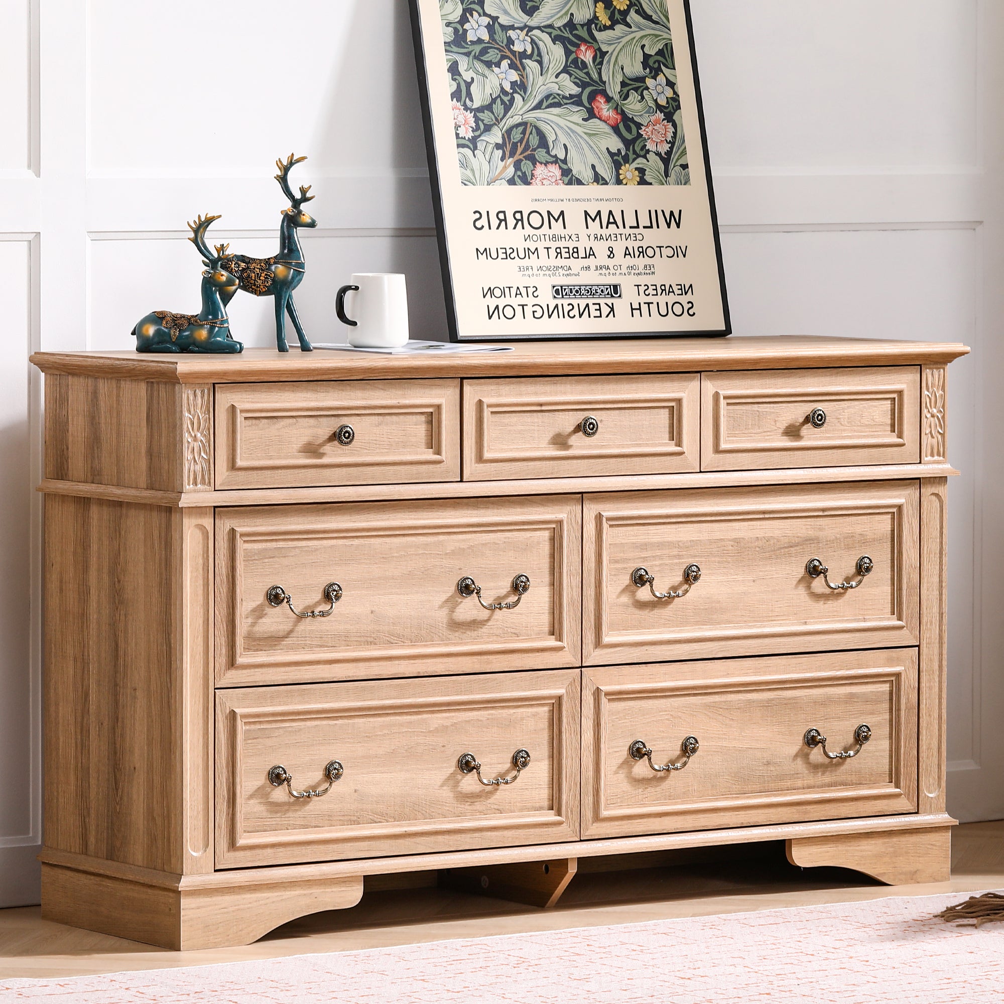 FIAKOA 7 Drawer Dresser for Bedroom, 55” W. Wood Farmhouse Tall Storage Chest of Drawers for Livingroom, Oak