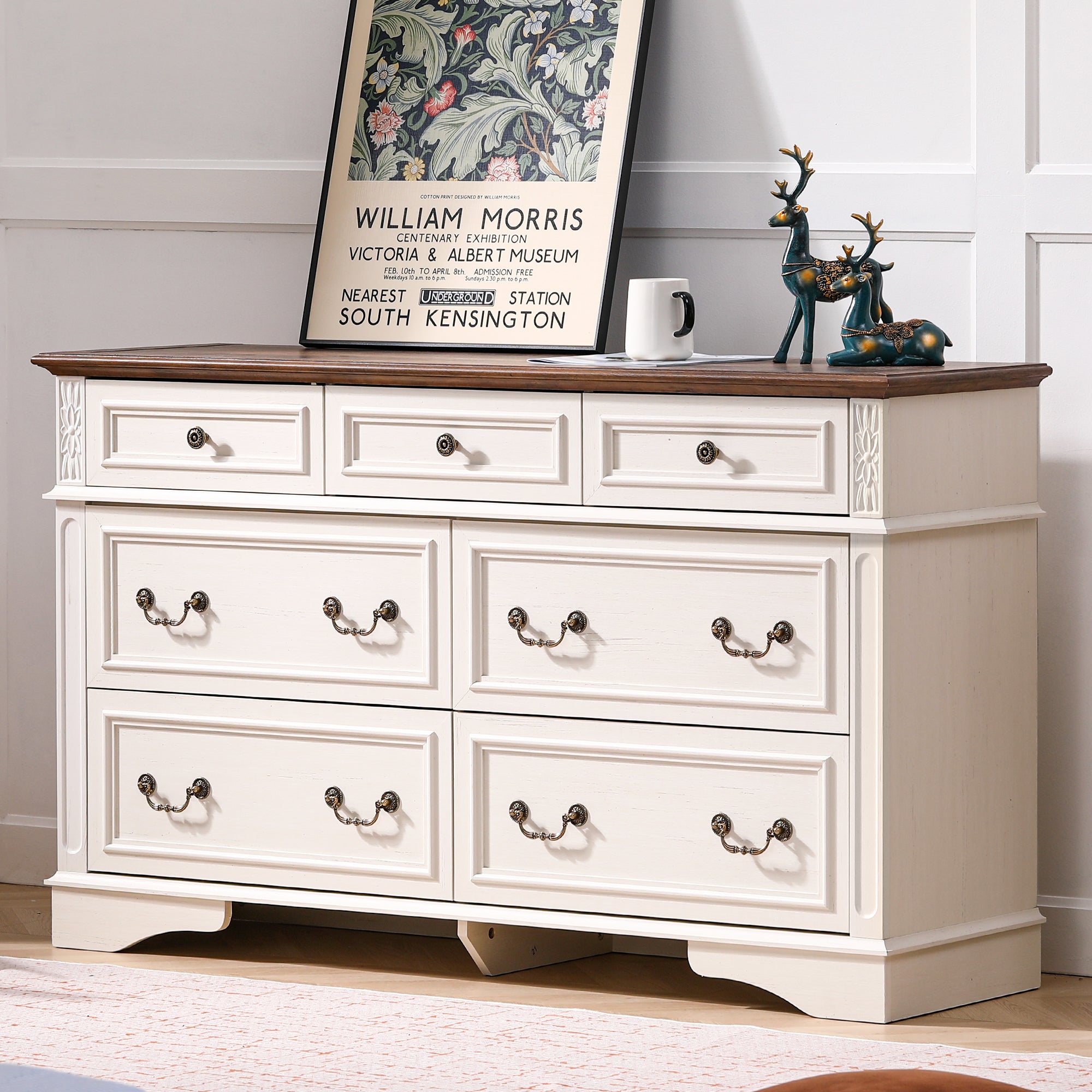 FIAKOA 7 Drawer Dresser for Bedroom, 55” W. Wood Farmhouse Tall Storage Chest of Drawers for Livingroom, White