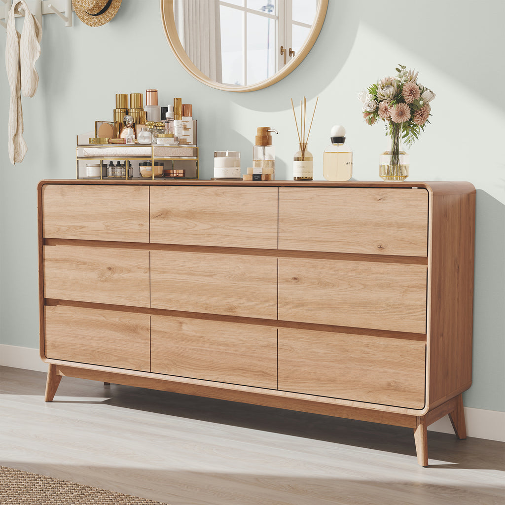 FIAKOA 9 Drawer Dresser for Bedroom, 63” W. Wood Farmhouse Tall Storage Chest of Drawers for Livingroom, Oak