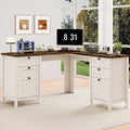 Fiakoa Farmhouse L Shaped Desk with Drawers, 53.8" x 57" Office Computer Desk with File Cabinets, Rustic Corner Executive Desk with with Charging Station, White
