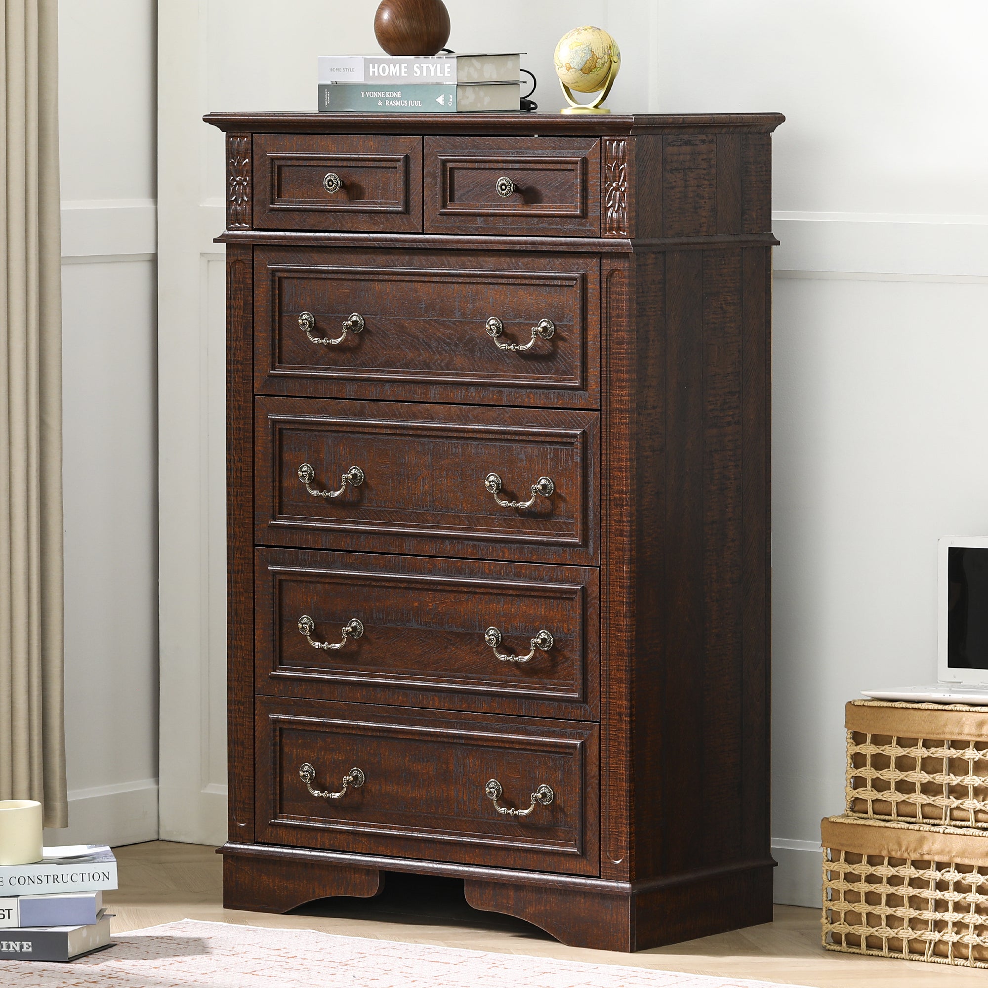 FIAKOA Bedroom Dresser Set & Nightstands set, Farmhouse Complete Bedroom Furniture Set with Spacious Storage, 4 Piece, Walnut Brown