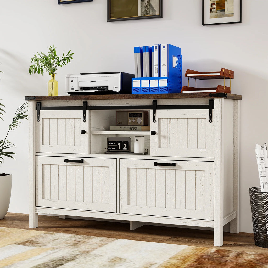 FIAKOA Farmhouse 2-Drawer Lateral File Cabinet,Filing Cabinet with Sliding Doors & Charge Station, Printer Stand Cabinets for Home Office,White