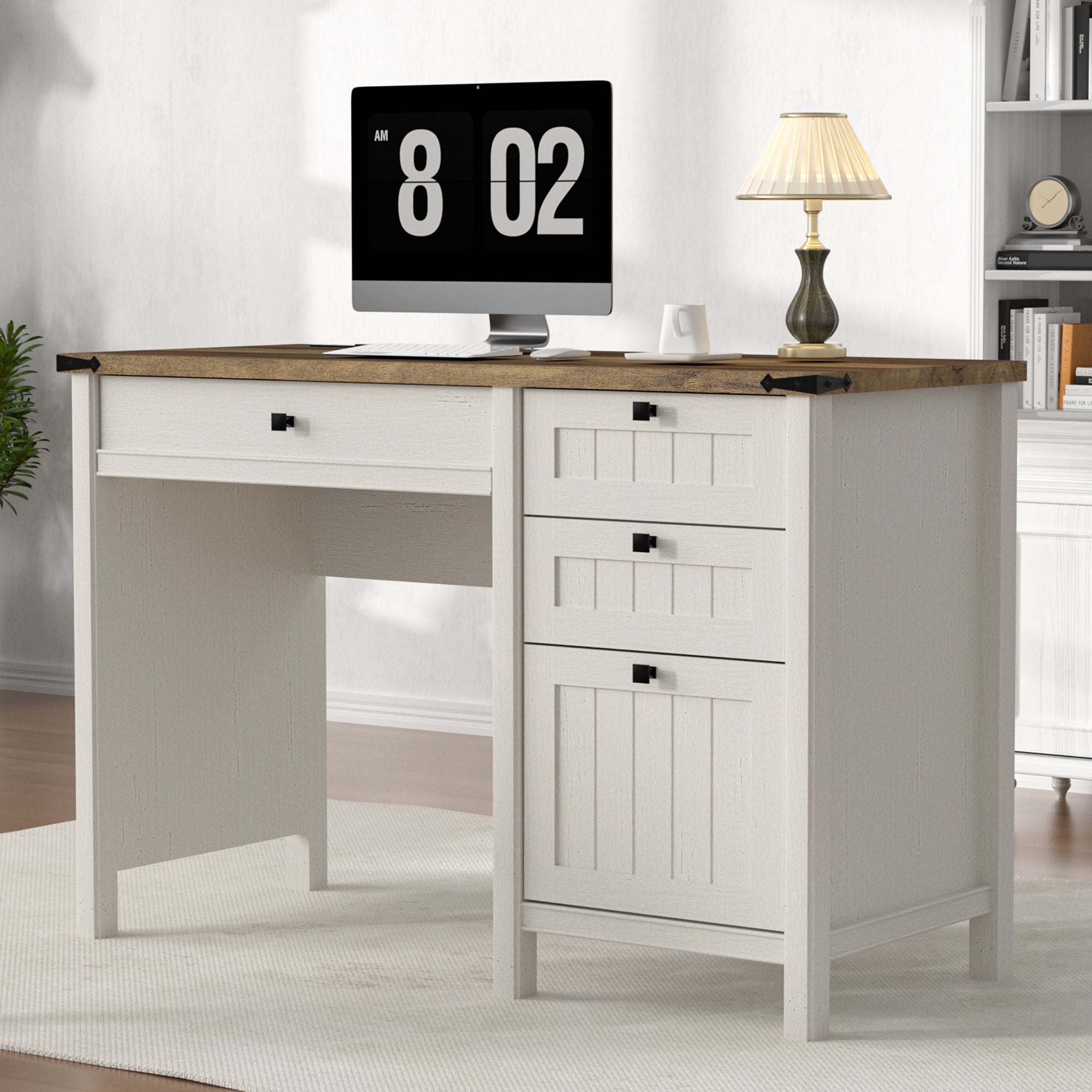 FIAKOA 45"Executive Desk, Modern Farmhouse Computer Desk with Drawers & Cabinet, White Home Office Desk Writing Workspace for Work Study