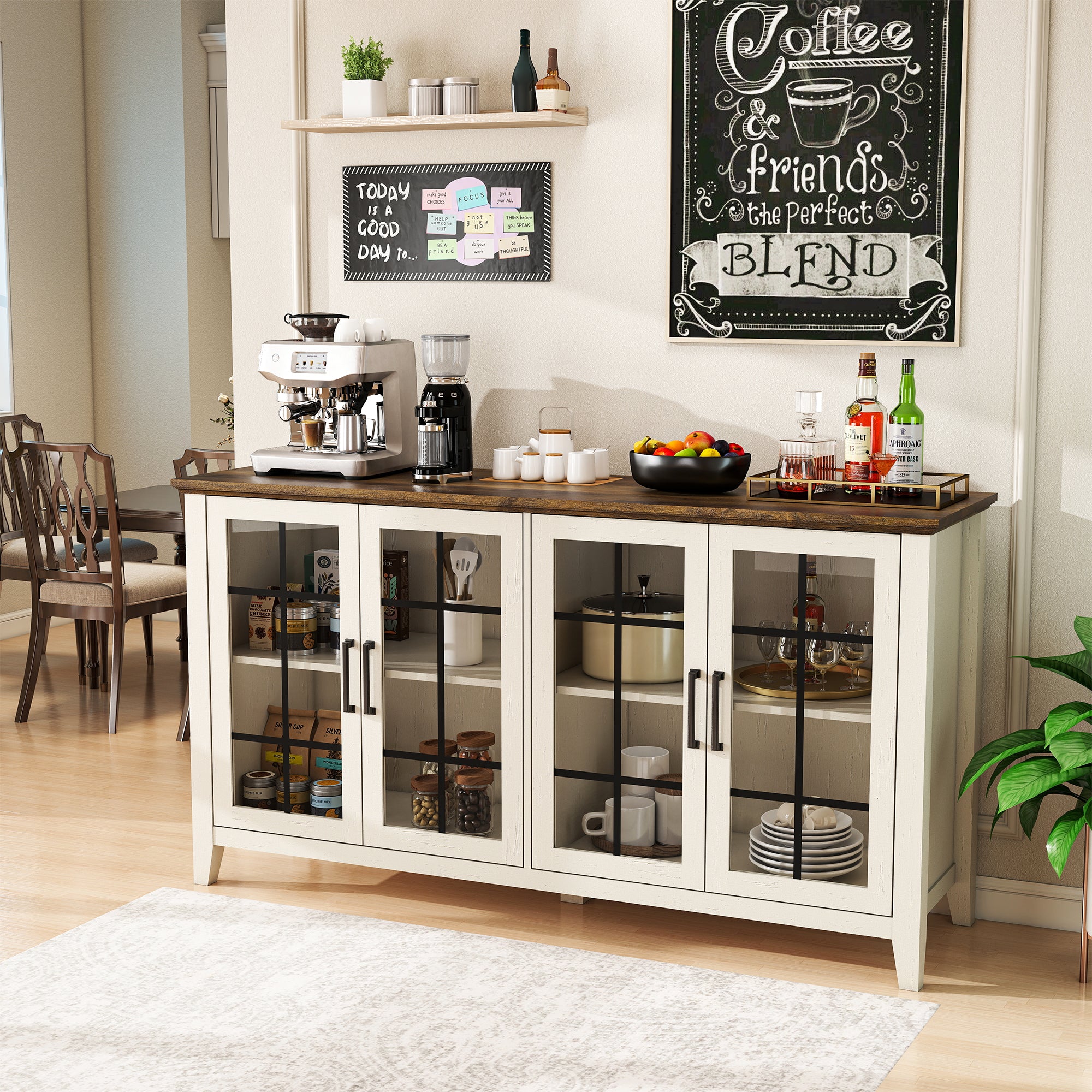 FIAKOA 63" Farmhouse Buffet Cabinet with Storage, Large White Sideboard Cabinet with Glass Doors, Kitchen Coffee Bar Cabinet for Dining Room