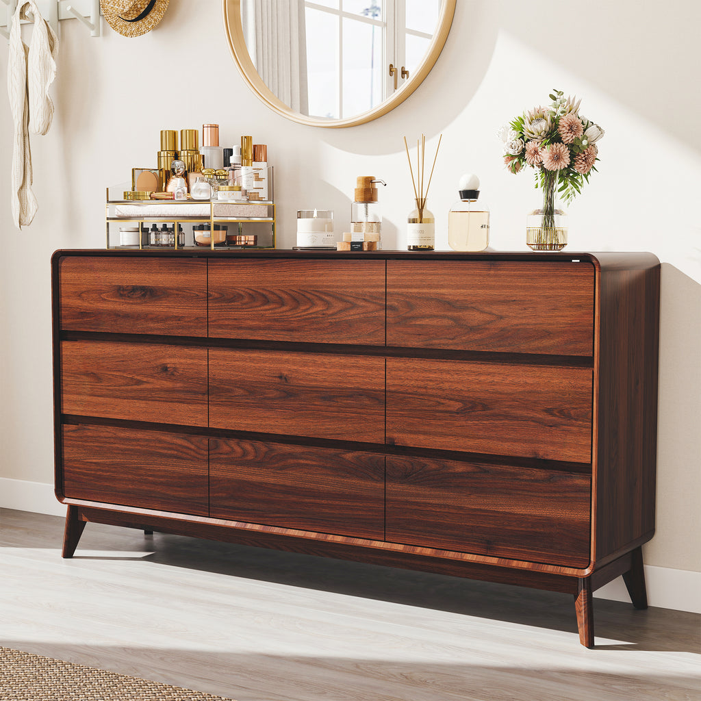 FIAKOA 9 Drawer Dresser for Bedroom, 63” W. Wood Farmhouse Tall Storage Chest of Drawers for Livingroom, Walnut Brown