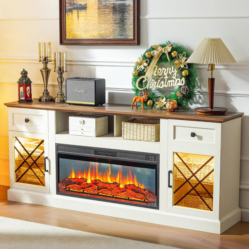FIAKOA 70” Fireplace TV Stand for 80" TVs,Fireplace Entertainment Center with LED Lights,TV Console with 34" Electric Fireplace for Living Room,White