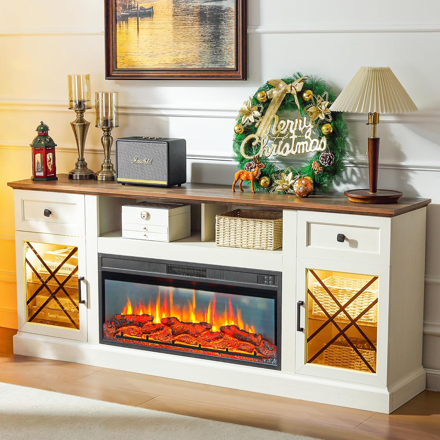 FIAKOA 70” Fireplace TV Stand for 80" TVs,Fireplace Entertainment Center with LED Lights,TV Console with 34" Electric Fireplace for Living Room,White