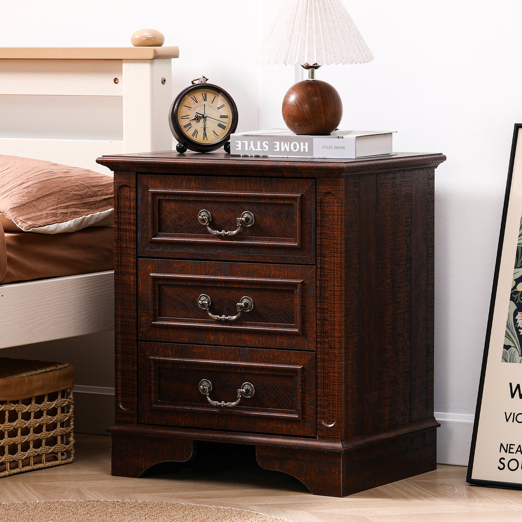 FIAKOA Farmhouse 3 Drawer Nightstand with Charging Station for Bedroom, Rustic Bedside Table for Livingroom, Walnut Brown