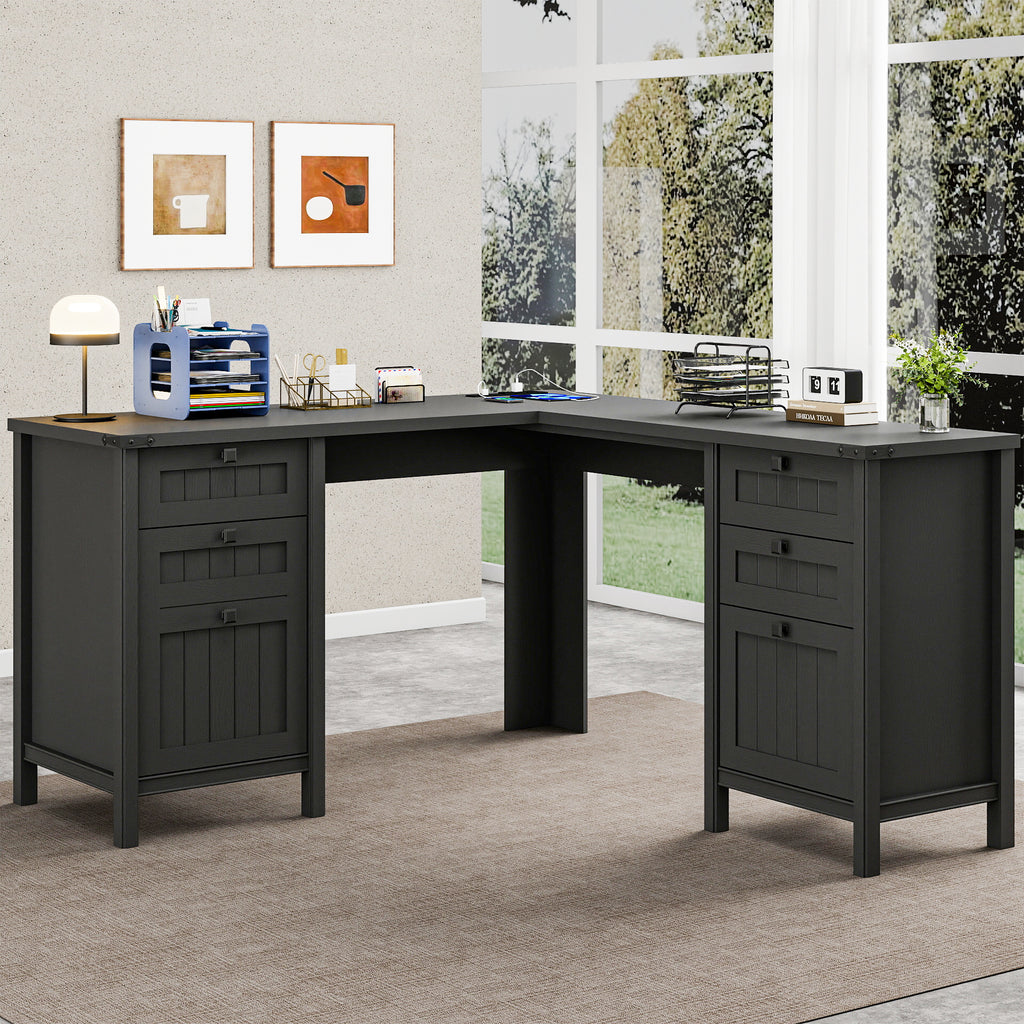 Fiakoa Farmhouse L Shaped Desk with Drawers, 53.8" x 57" Office Computer Desk with File Cabinets, Rustic Corner Executive Desk with with Charging Station, Black