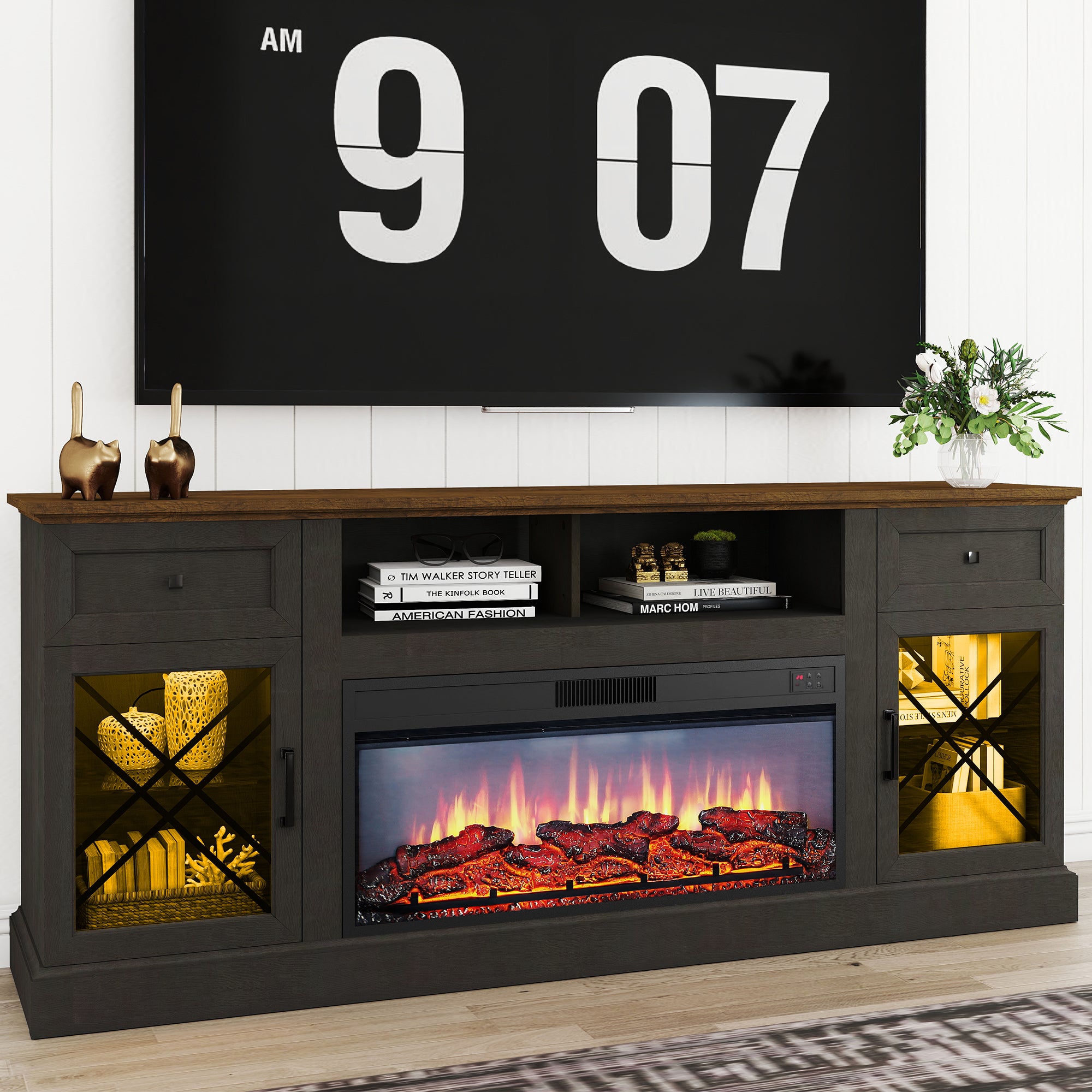 FIAKOA 70” Fireplace TV Stand for 80" TVs,Fireplace Entertainment Center with LED Lights,TV Console with 34" Electric Fireplace for Living Room,Black Brown