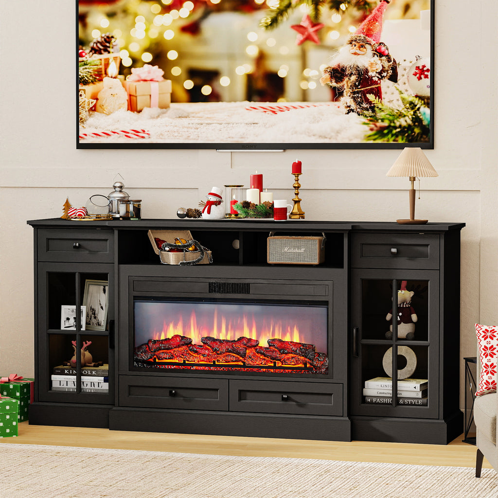 FIAKOA 70” electric Fireplace TV Stand for 75" TVs, Fireplace Entertainment Center with LED Lights, Wood TV Stand with 34" Fireplace for Living Room, Black
