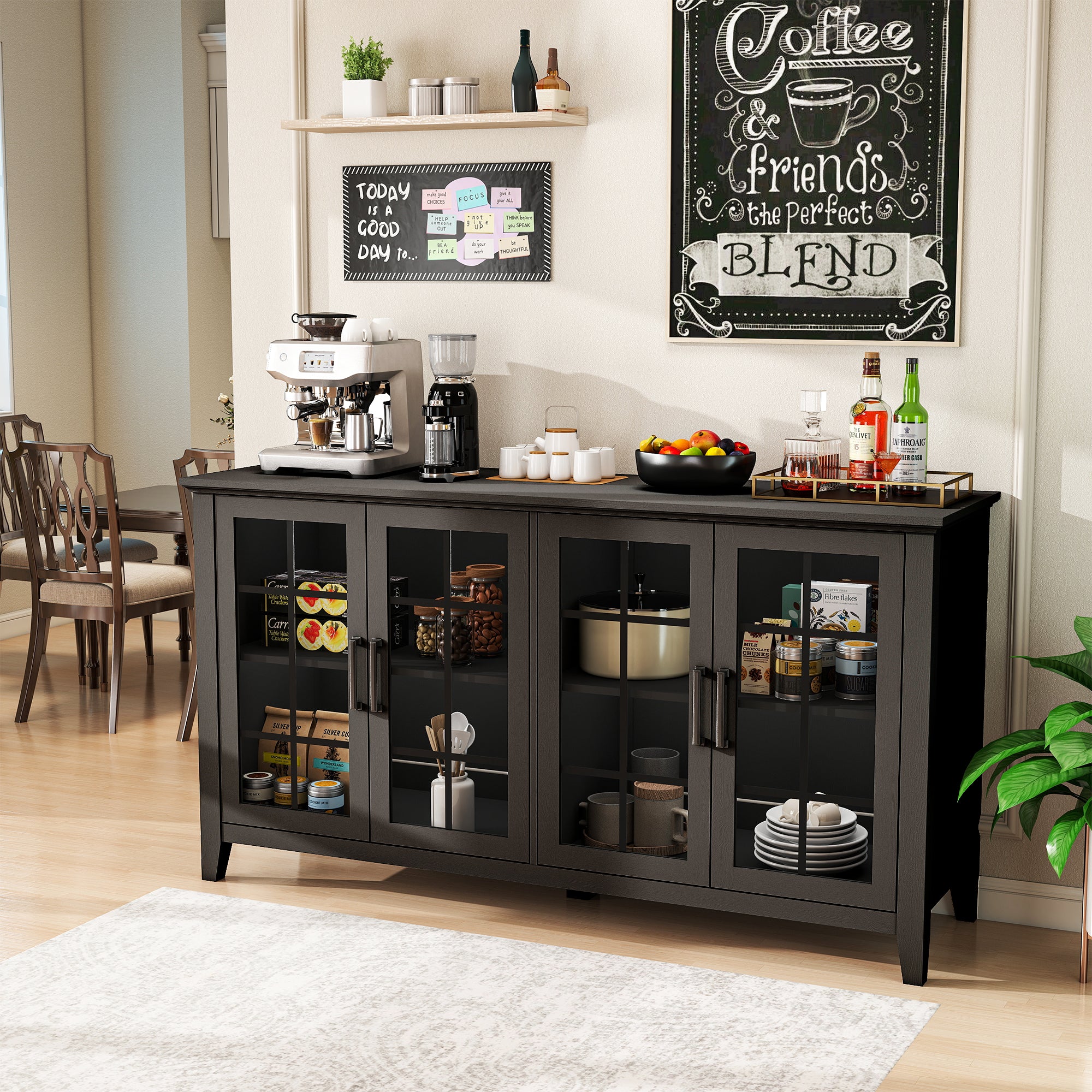 FIAKOA 63" Farmhouse Buffet Cabinet with Storage, Large Wood Sideboard Cabinet with Glass Doors, Kitchen Coffee Bar Cabinet for Dining Room, Black