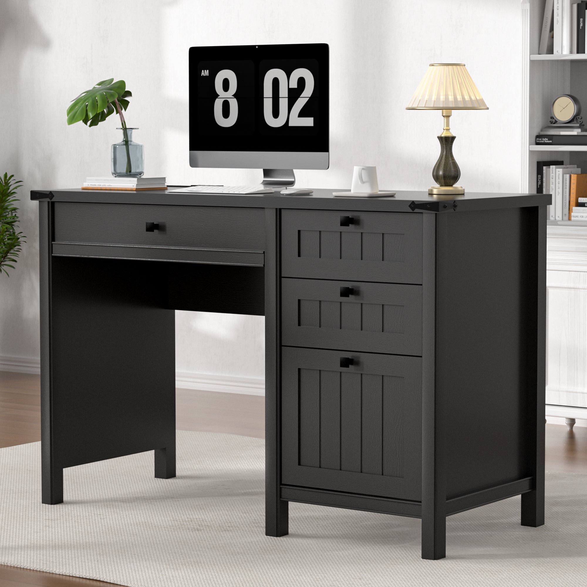 FIAKOA 45" Executive Desk, Modern Farmhouse Computer Desk with Drawers & Cabinet,Home Office Desk Writing Workspace for Work Study,Black