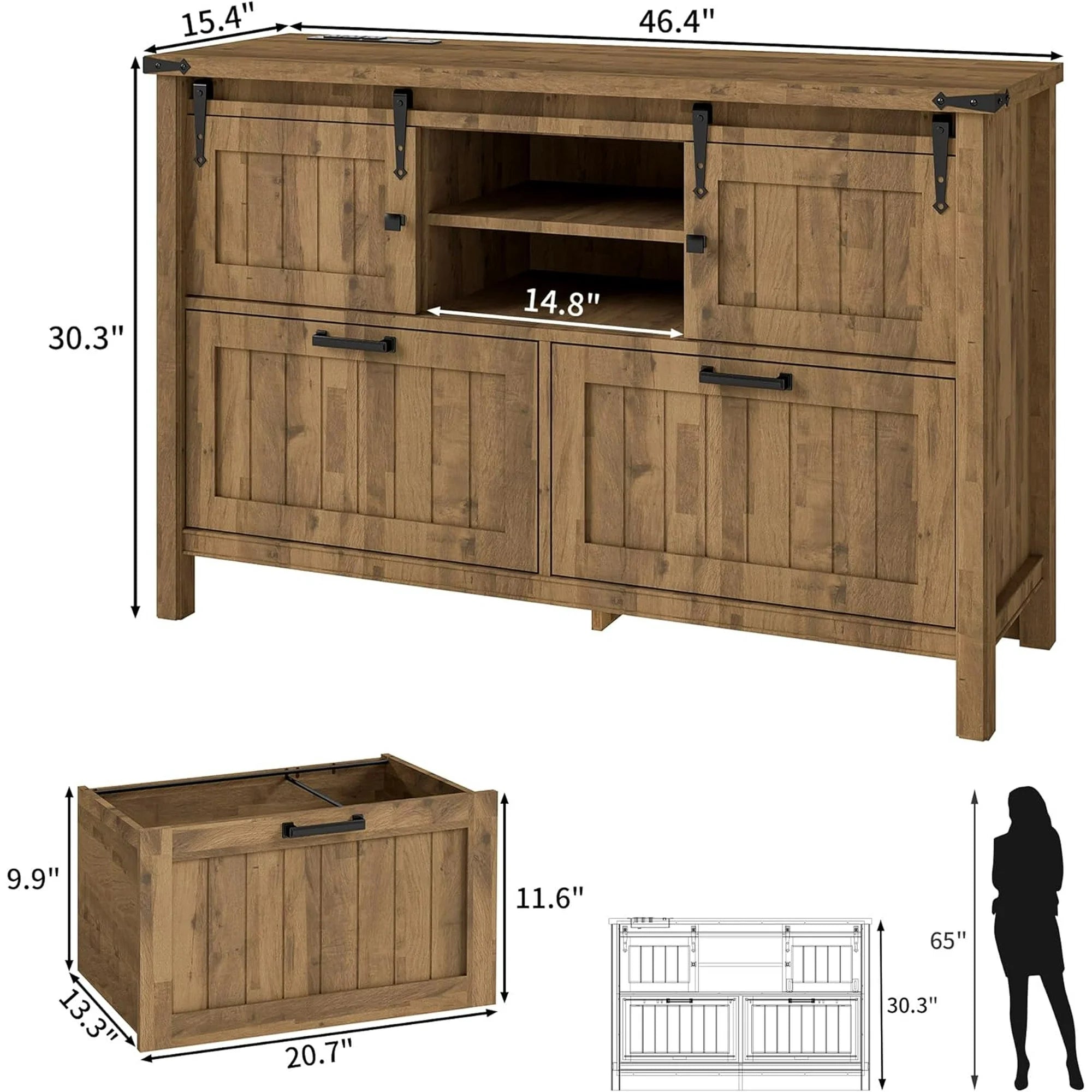 FIAKOA Farmhouse 2-Drawer Lateral File Cabinet, Filing Cabinet with Sliding Doors & Charge Station, Printer Stand Cabinets for Home Office, Brown