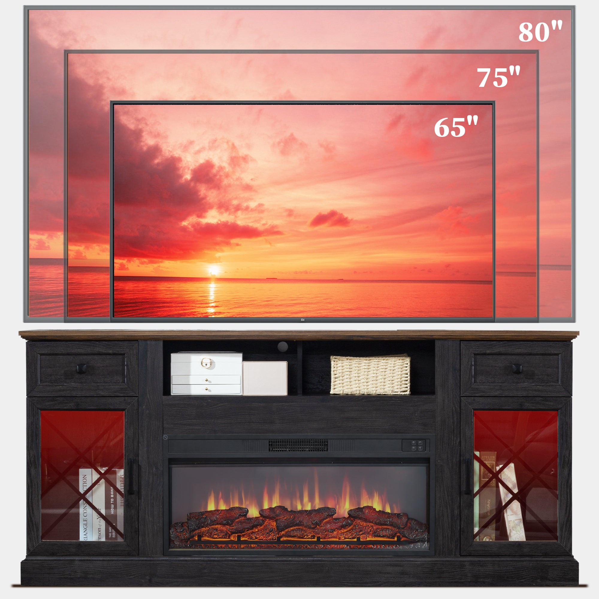 FIAKOA 70” Fireplace TV Stand for 80" TVs,Fireplace Entertainment Center with LED Lights,TV Console with 34" Electric Fireplace for Living Room,Black Brown