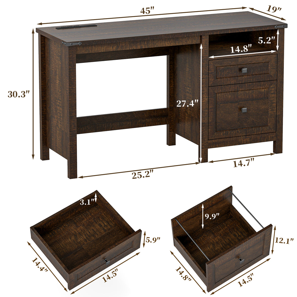 Goealvce 45"Executive Desk , Farmhouse Desk with Drawers & Cabinet, Small Office Computer Desk for Writing Reading, Walnut Brown