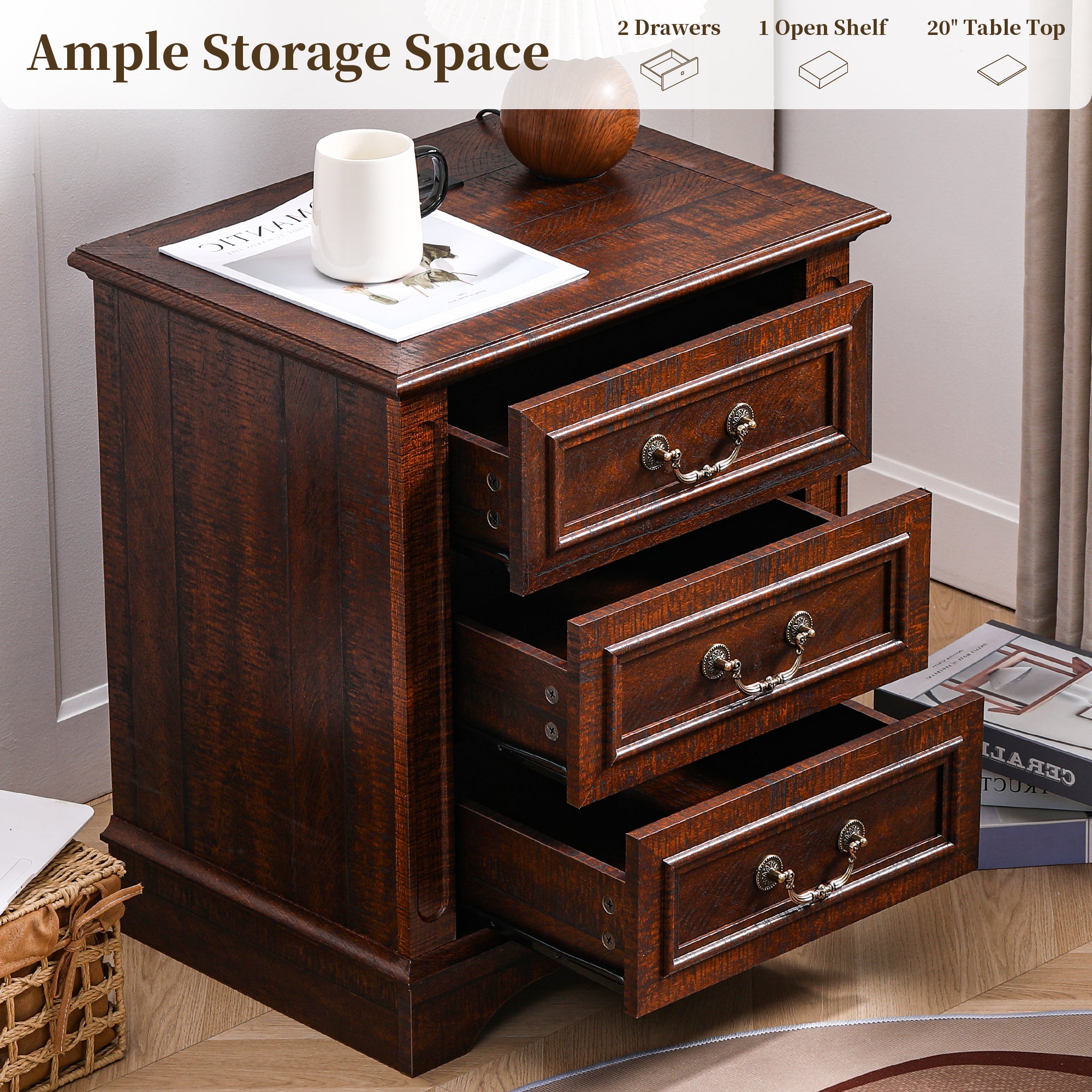FIAKOA Farmhouse 3 Drawer Nightstand set of 2 for Bedroom, Rustic Bedside Table for Livingroom, Walnut Brown