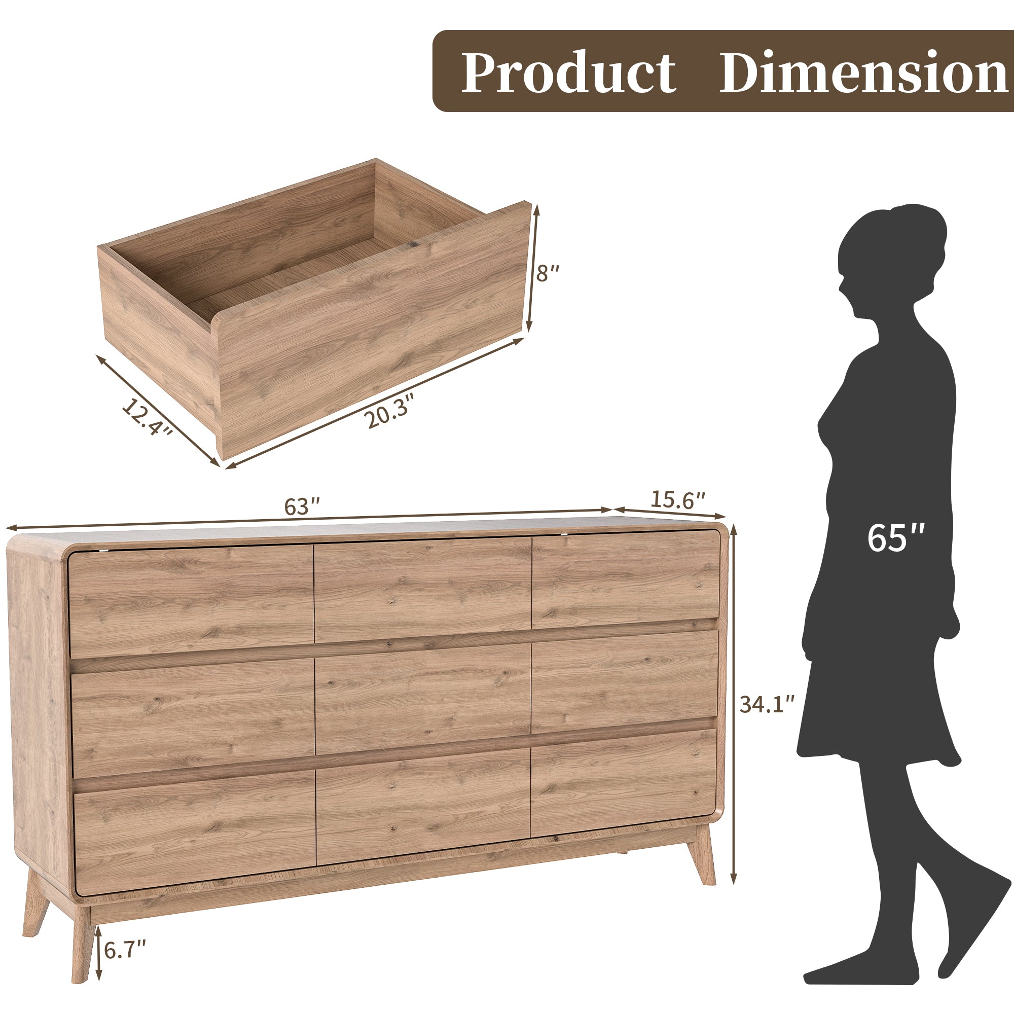 FIAKOA 9 Drawer Dresser for Bedroom, 63” W. Wood Farmhouse Tall Storage Chest of Drawers for Livingroom, Oak