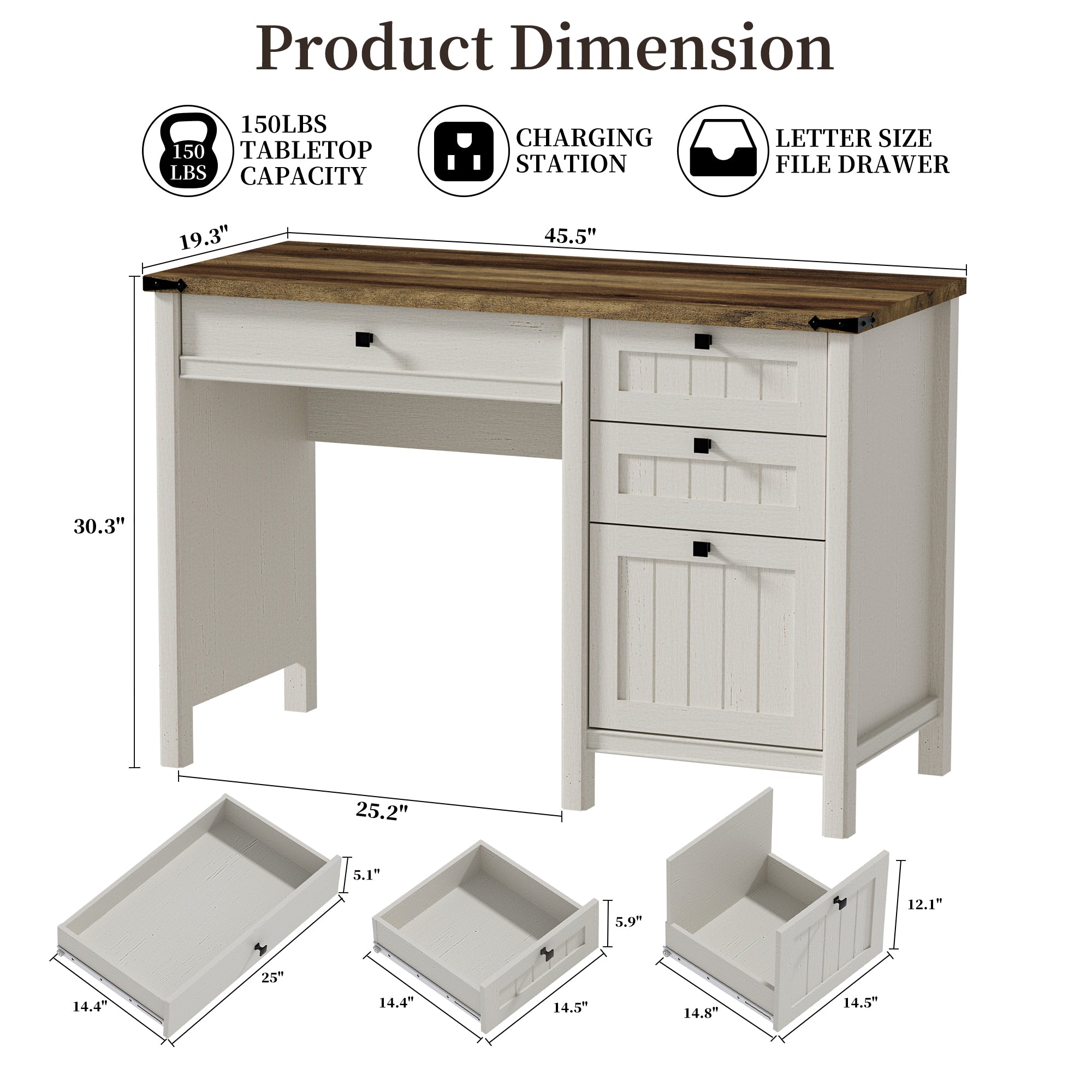 FIAKOA 45"Executive Desk, Modern Farmhouse Computer Desk with Drawers & Cabinet, White Home Office Desk Writing Workspace for Work Study