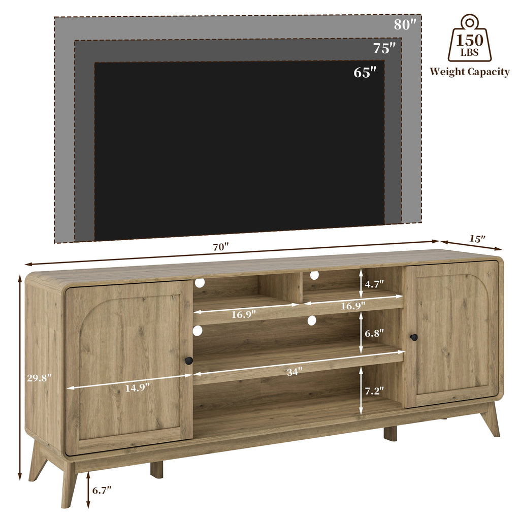 FIAKOA 70 inch Farmhouse TV Stand for 75 inch TV, Mid Century Entertainment Center with Movable Door & Fireplace Insert Ready, Modern Media Console Table for Living Room, Nature