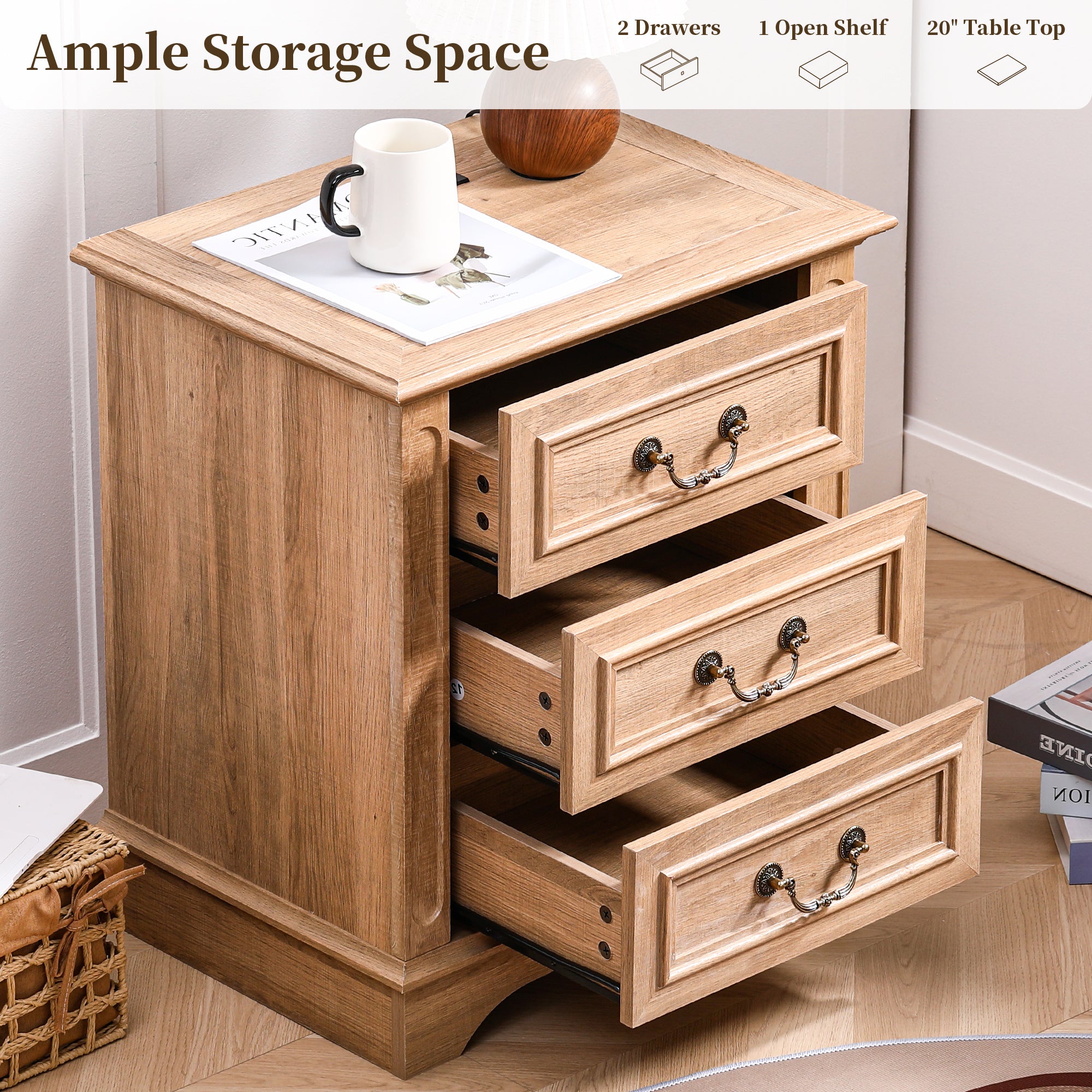 FIAKOA Farmhouse 3 Drawer Nightstand with Charging Station for Bedroom, Rustic Bedside Table for Livingroom, Oak