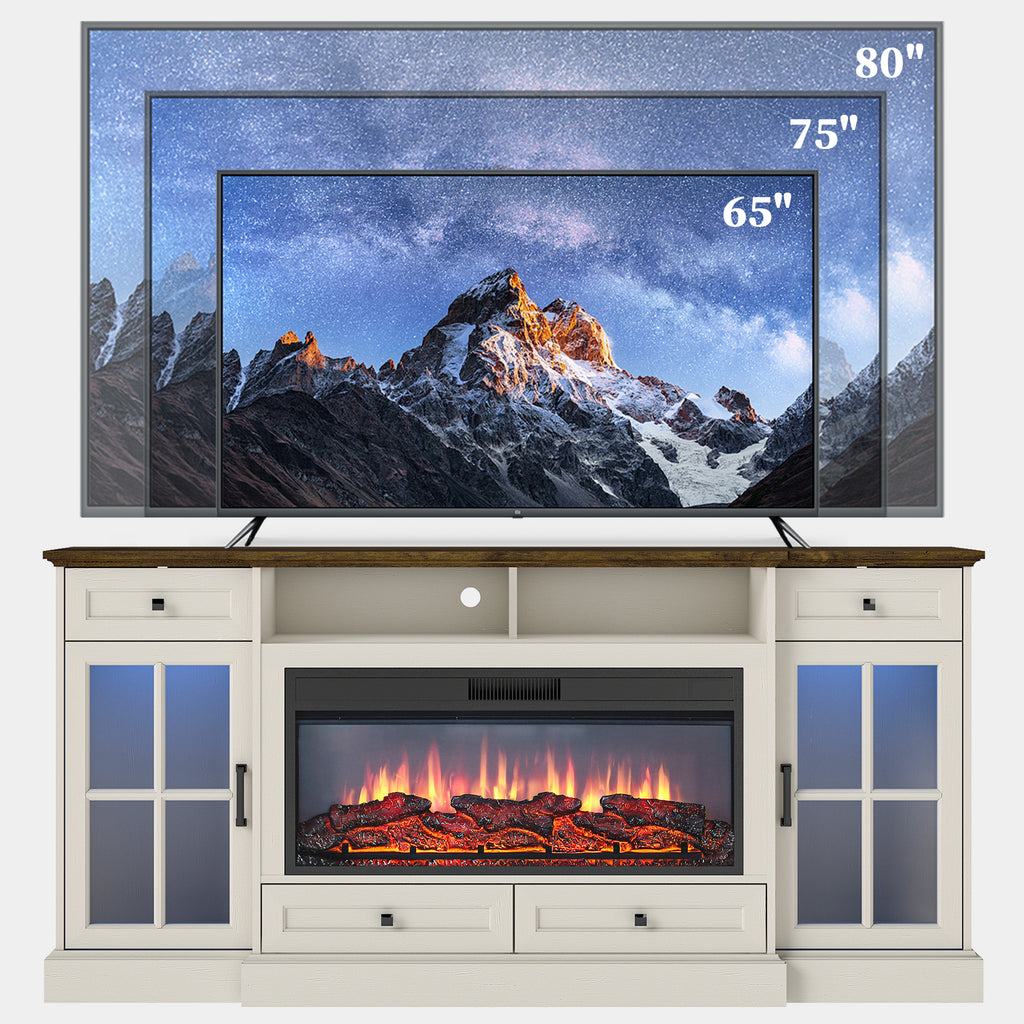 FIAKOA 70” electric Fireplace TV Stand for 75" TVs, Fireplace Entertainment Center with LED Lights,White TV Stand with 34" Fireplace for Living Room