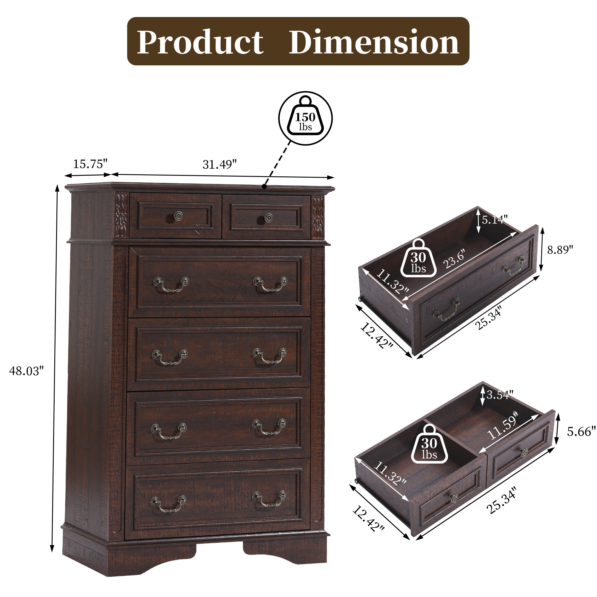 FIAKOA 48” Tall 6 Drawer Dresser for Bedroom, Farmhouse Storage Chest of Drawers for Livingroom, Walnut Brown