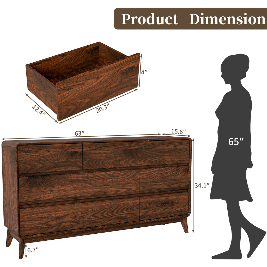 FIAKOA 9 Drawer Dresser for Bedroom, 63” W. Wood Farmhouse Tall Storage Chest of Drawers for Livingroom, Walnut Brown