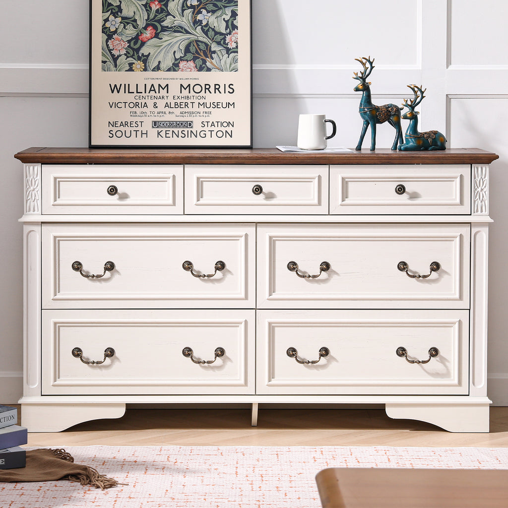 FIAKOA 7 Drawer Dresser for Bedroom, 55” W. Wood Farmhouse Tall Storage Chest of Drawers for Livingroom, White