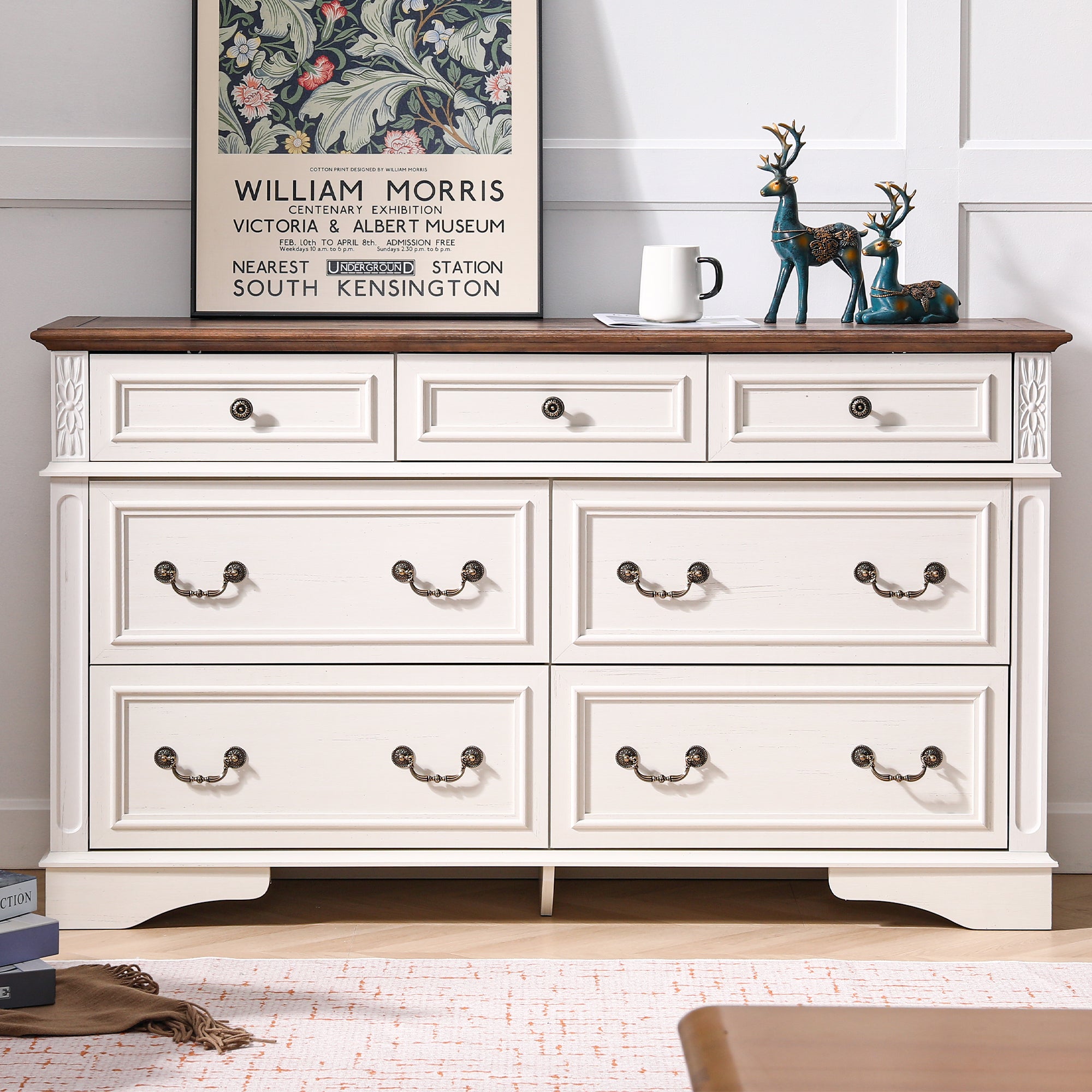 FIAKOA 7 Drawer Dresser for Bedroom, 55” W. Wood Farmhouse Tall Storage Chest of Drawers for Livingroom, White