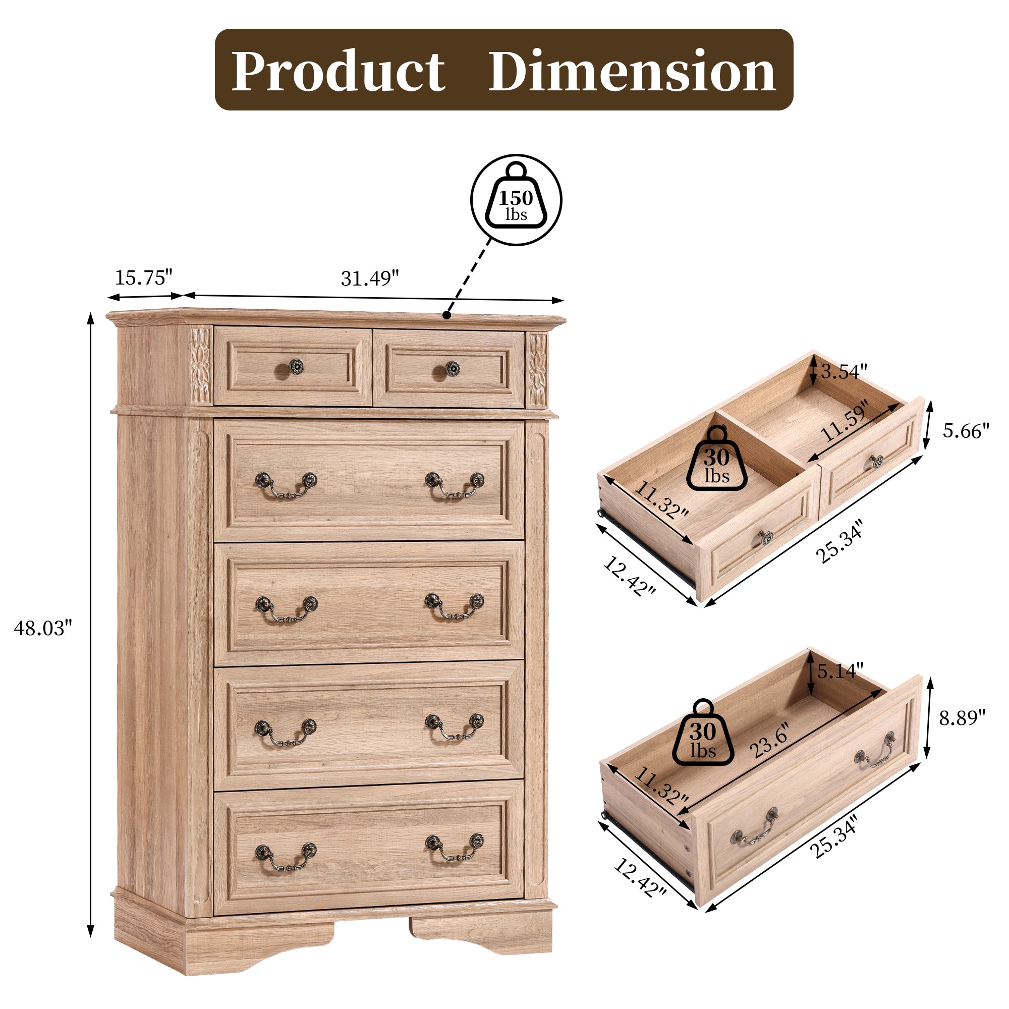 FIAKOA 48” Tall 6 Drawer Dresser for Bedroom, Farmhouse Storage Chest of Drawers for Livingroom, Oak
