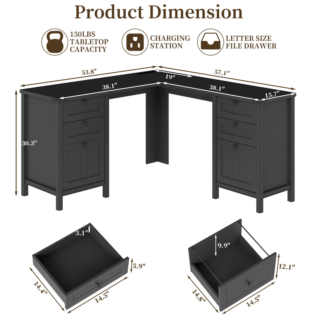 Fiakoa Farmhouse L Shaped Desk with Drawers, 53.8" x 57" Office Computer Desk with File Cabinets, Rustic Corner Executive Desk with with Charging Station, Black