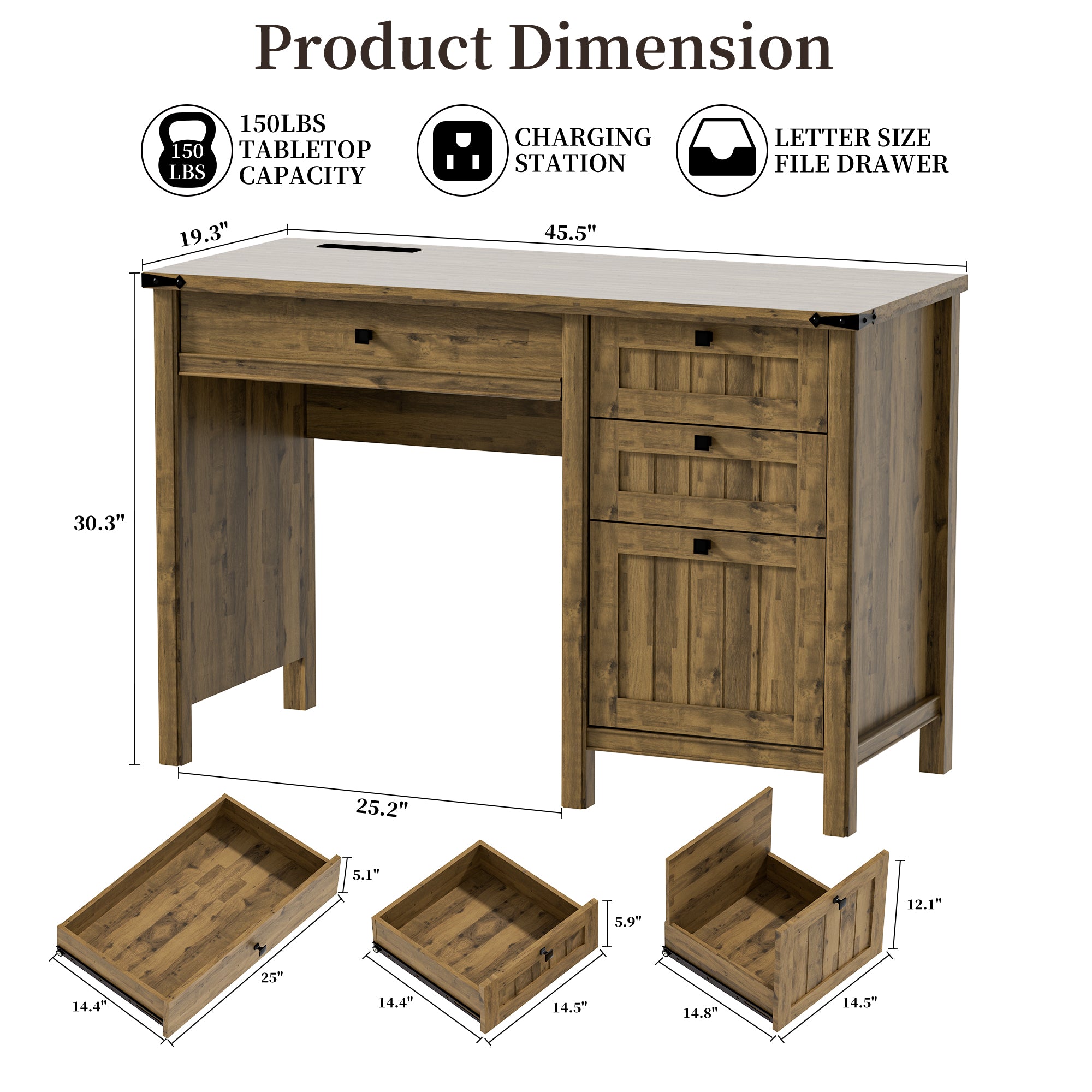 FIAKOA 45" Executive Desk, Modern Farmhouse Computer Desk with Drawers & Cabinet,Home Office Desk for Work Study,Brown