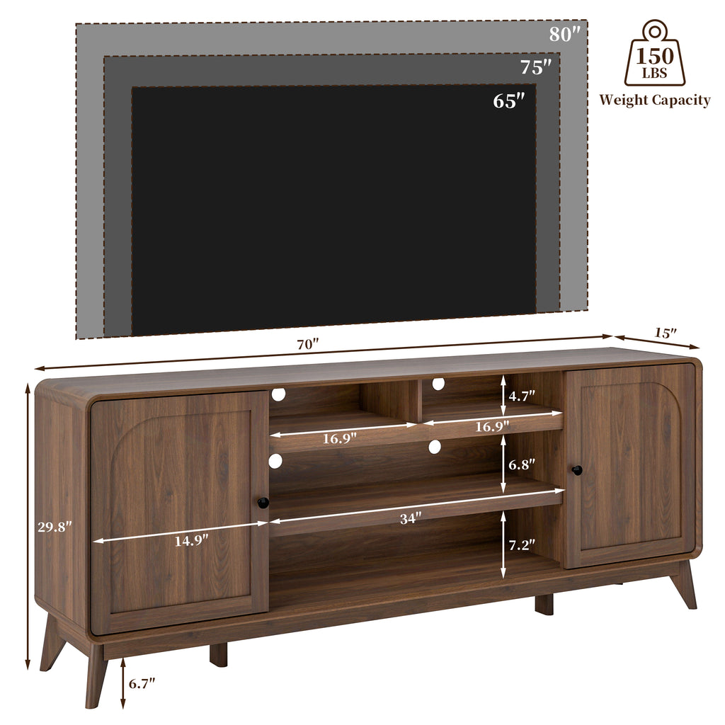 FIAKOA 70 inch Farmhouse TV Stand for 75 inch TV, Mid Century Entertainment Center with Movable Door & Fireplace Insert Ready, Modern Media Console Table for Living Room, Walnut Brown