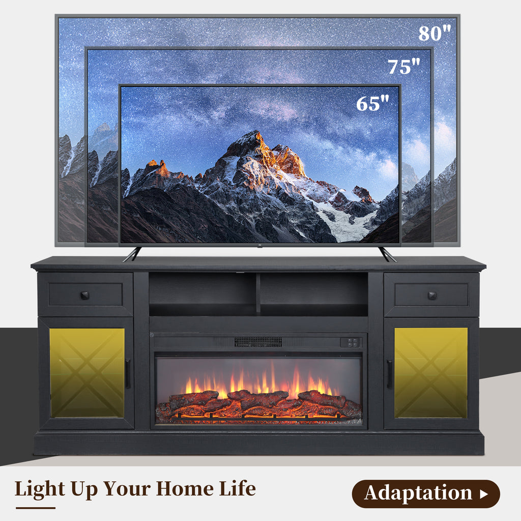 FIAKOA 70” Fireplace TV Stand for 80" TVs,Fireplace Entertainment Center with LED Lights,TV Console with 34" Electric Fireplace for Living Room