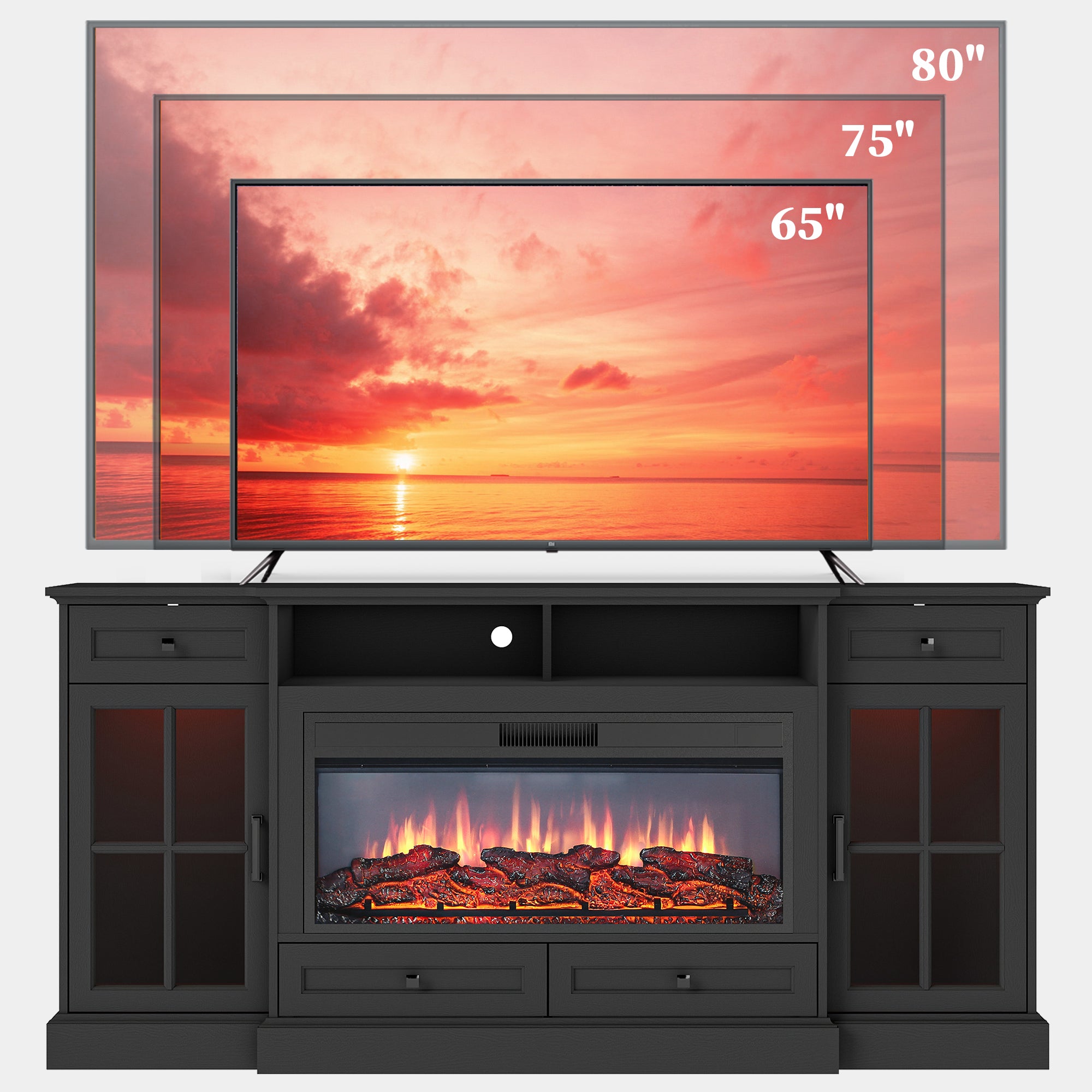 FIAKOA 70” electric Fireplace TV Stand for 75" TVs, Fireplace Entertainment Center with LED Lights, Wood TV Stand with 34" Fireplace for Living Room, Black
