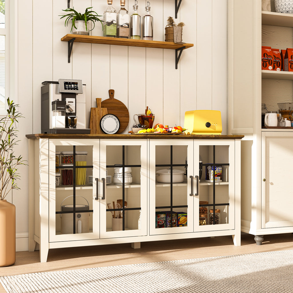 FIAKOA 63" Farmhouse Buffet Cabinet with Storage, Large White Sideboard Cabinet with Glass Doors, Kitchen Coffee Bar Cabinet for Dining Room