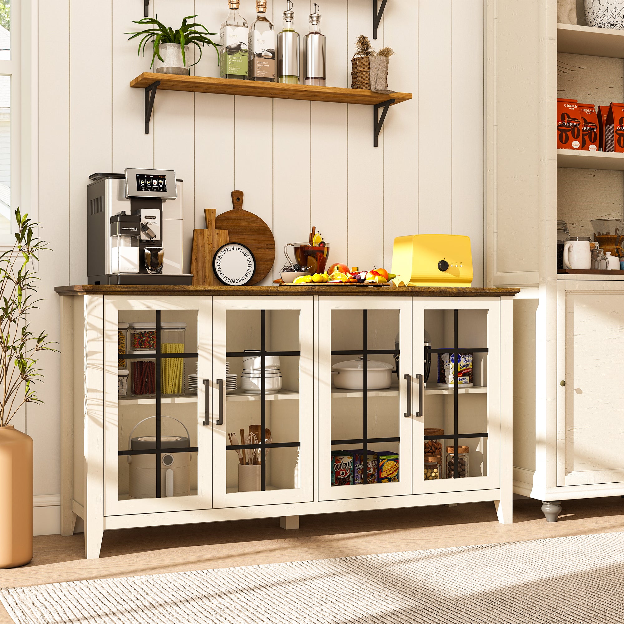 FIAKOA 63" Farmhouse Buffet Cabinet with Storage, Large White Sideboard Cabinet with Glass Doors, Kitchen Coffee Bar Cabinet for Dining Room