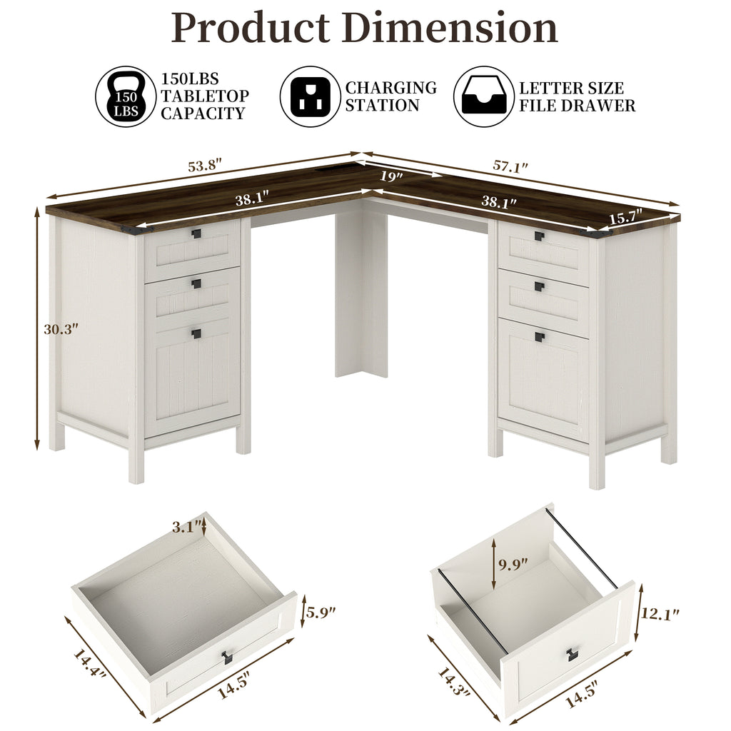 Fiakoa Farmhouse L Shaped Desk with Drawers, 53.8" x 57" Office Computer Desk with File Cabinets, Rustic Corner Executive Desk with with Charging Station, White