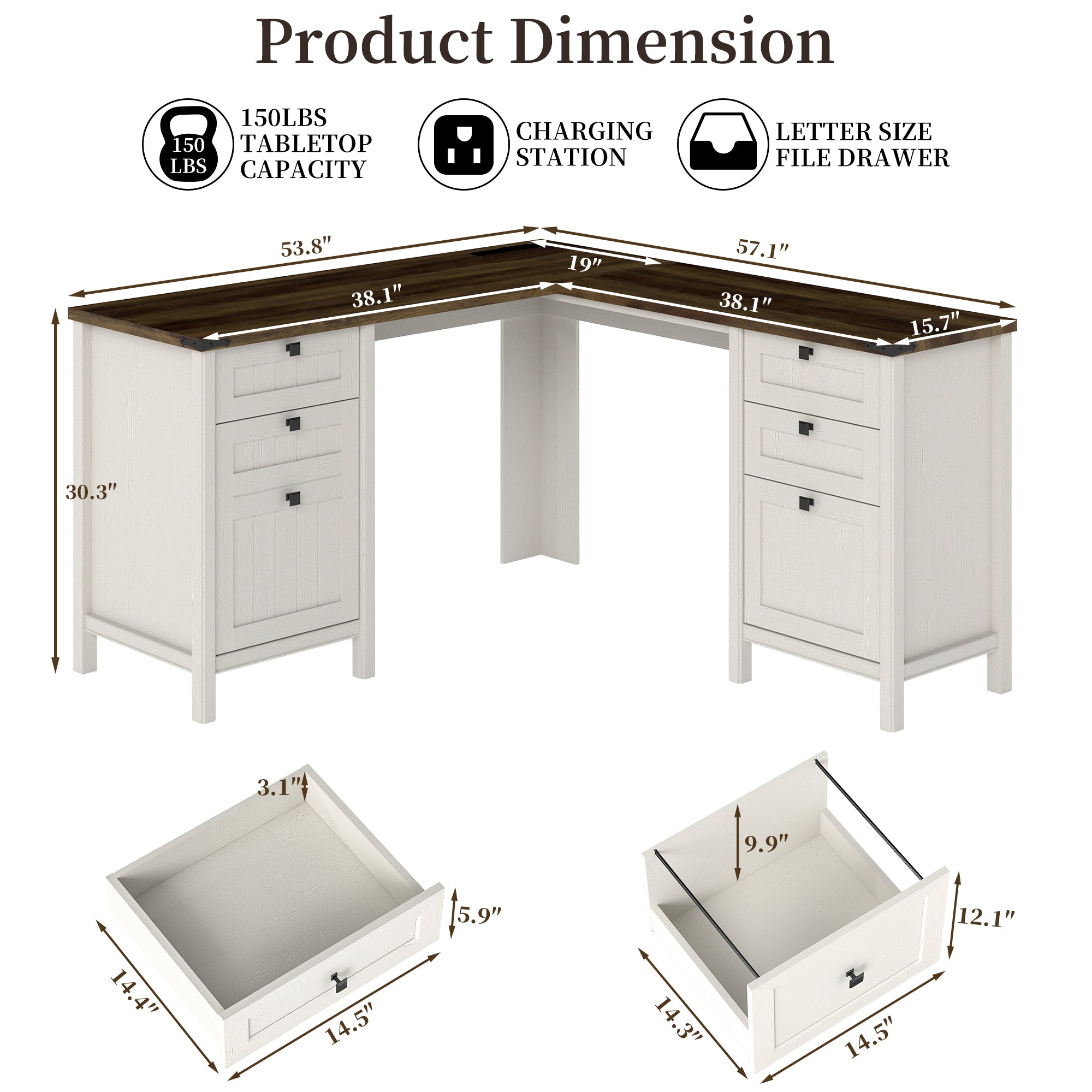 Fiakoa Farmhouse L Shaped Desk with Drawers, 53.8" x 57" Office Computer Desk with File Cabinets, Rustic Corner Executive Desk with with Charging Station, White