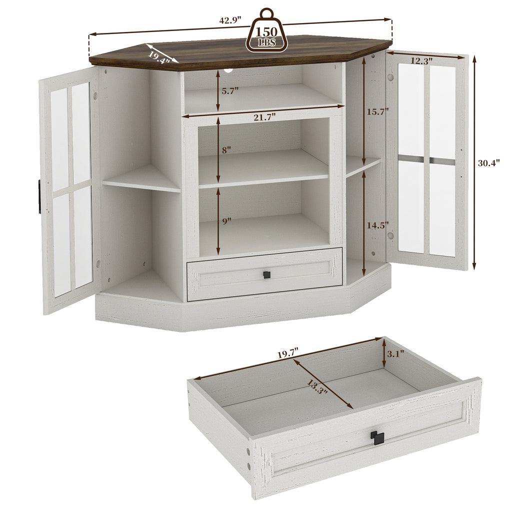 FIAKOA Farmhouse Corner TV Stand for 50 inch TV, Mid Century Entertainment Center with Glass Door, Modern Media Console Table for Living Room, White
